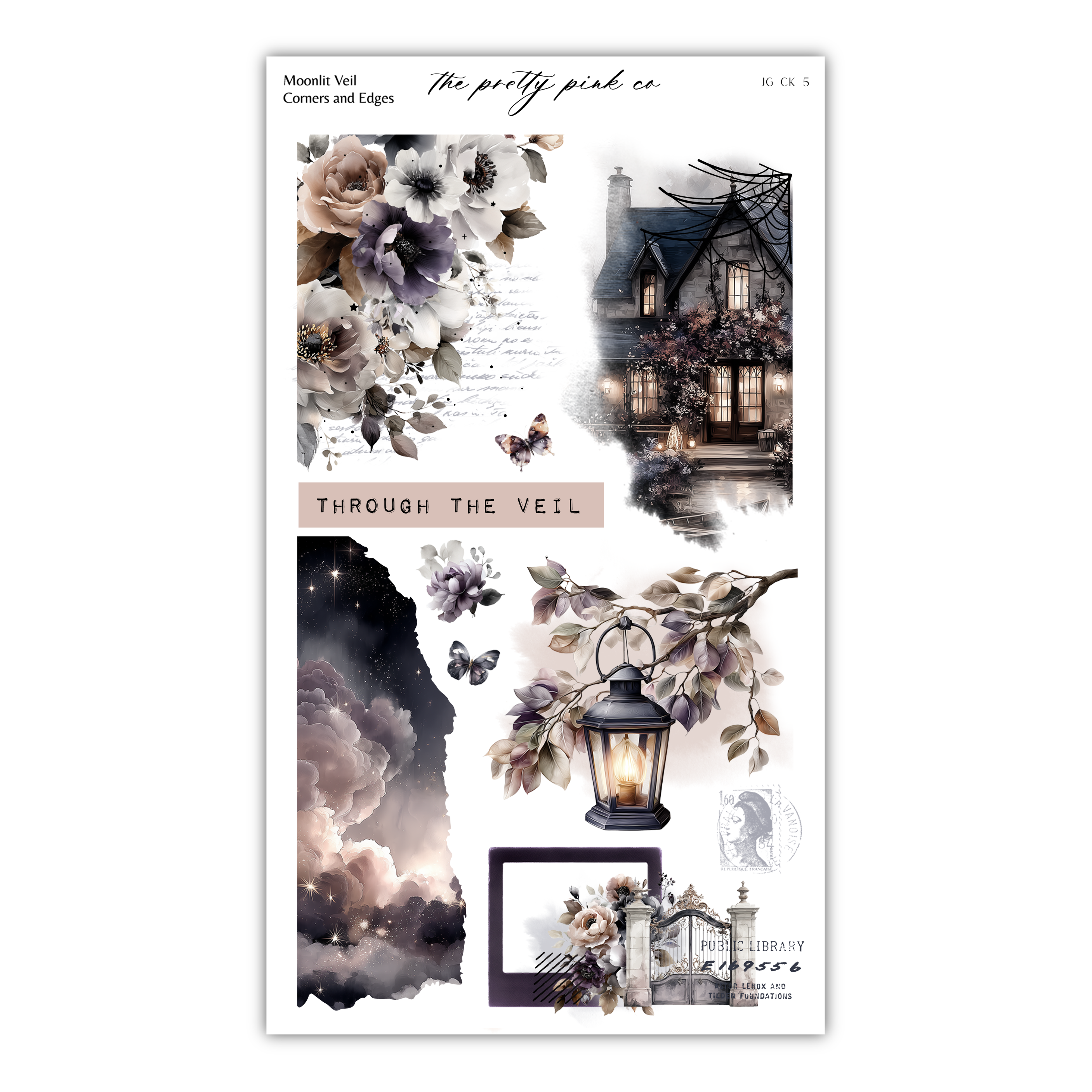 The image is a collage of various artistic elements, including floral designs, a house, a lantern, and a starry sky. The collage is titled "The pretty pink co" and includes the phrase "Through the veil" as a central element.