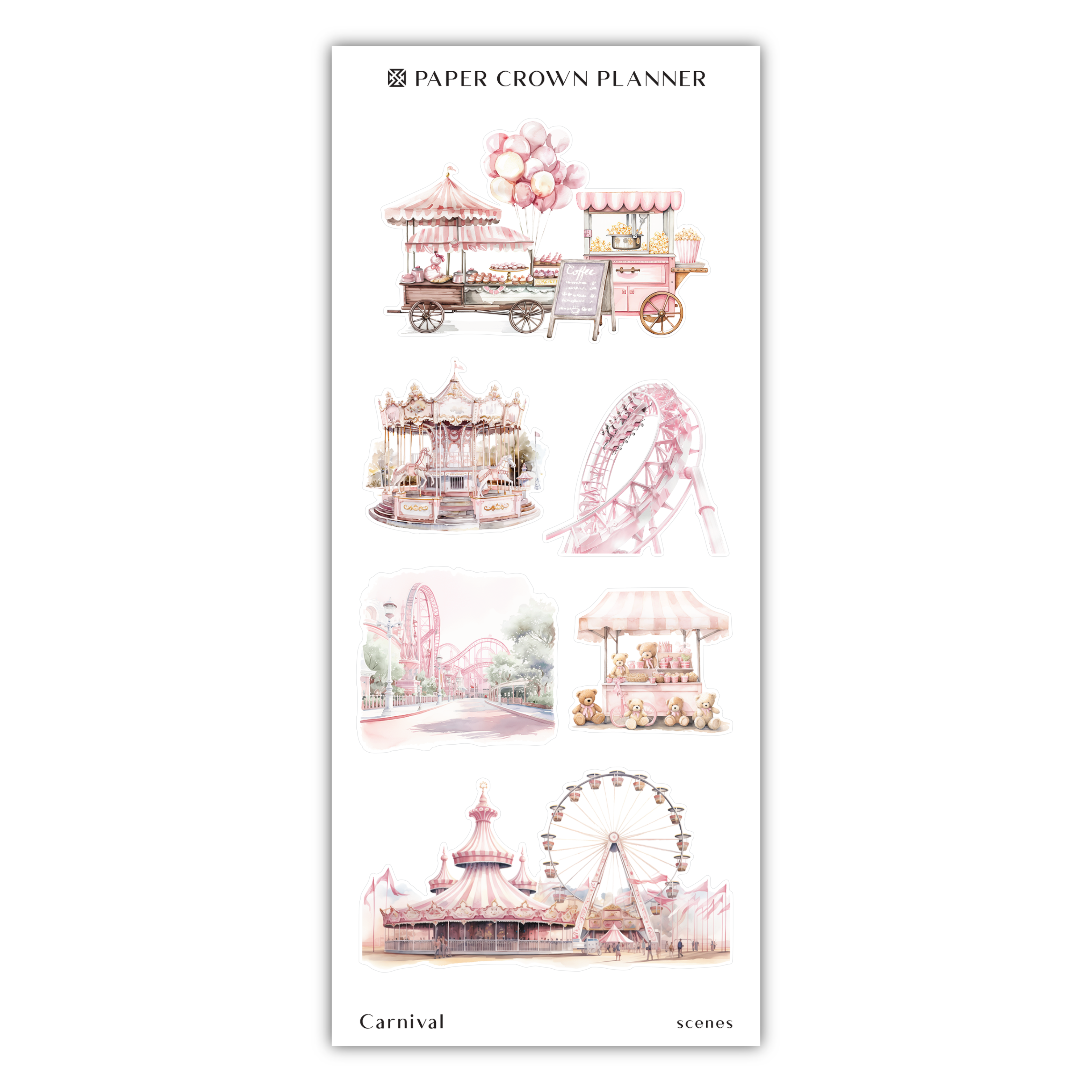 a pink sticker with a ferris wheel, ferris wheel, ferris wheel, and