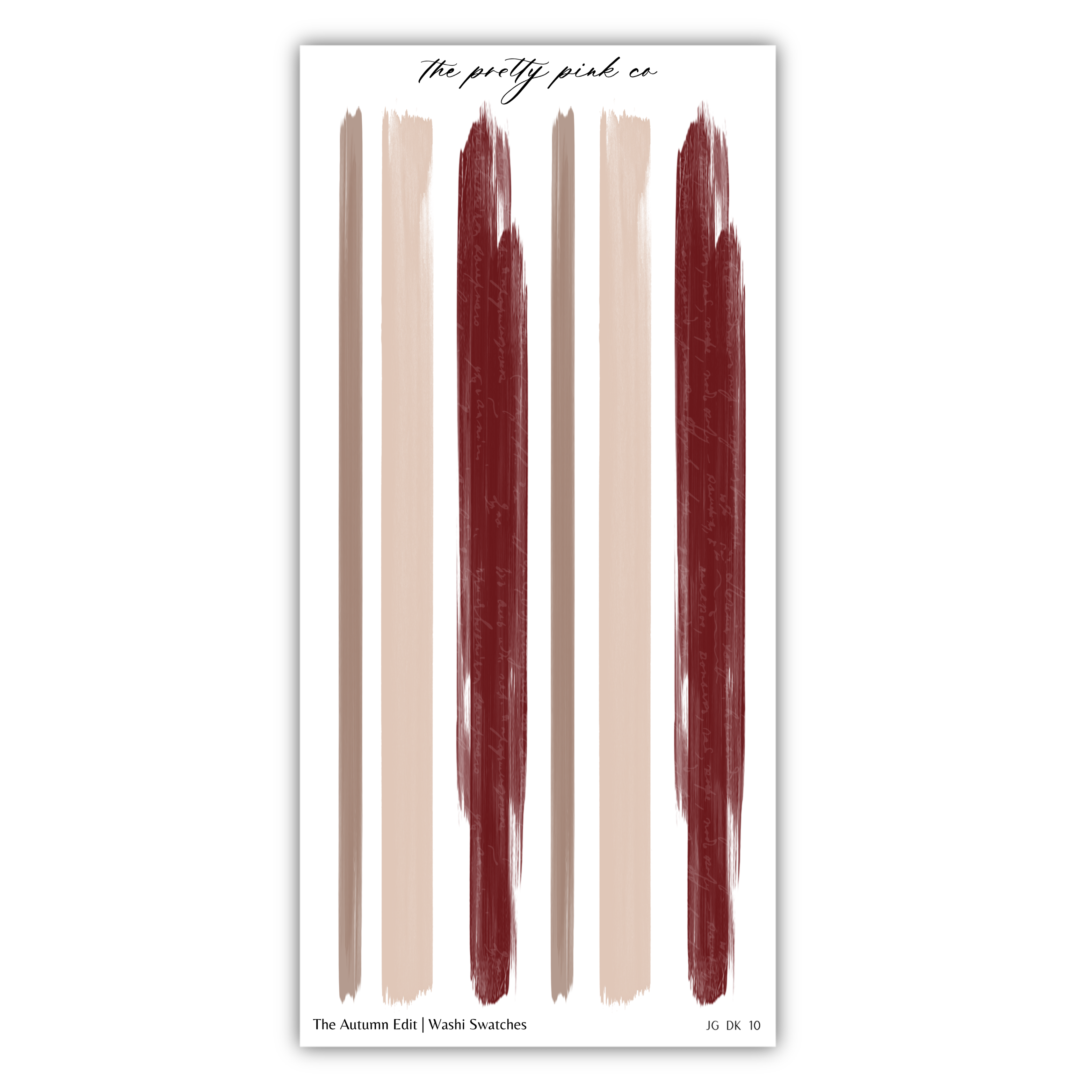 The image is a collection of abstract brushstrokes in various colors, including red, beige, and brown, arranged in a vertical line.