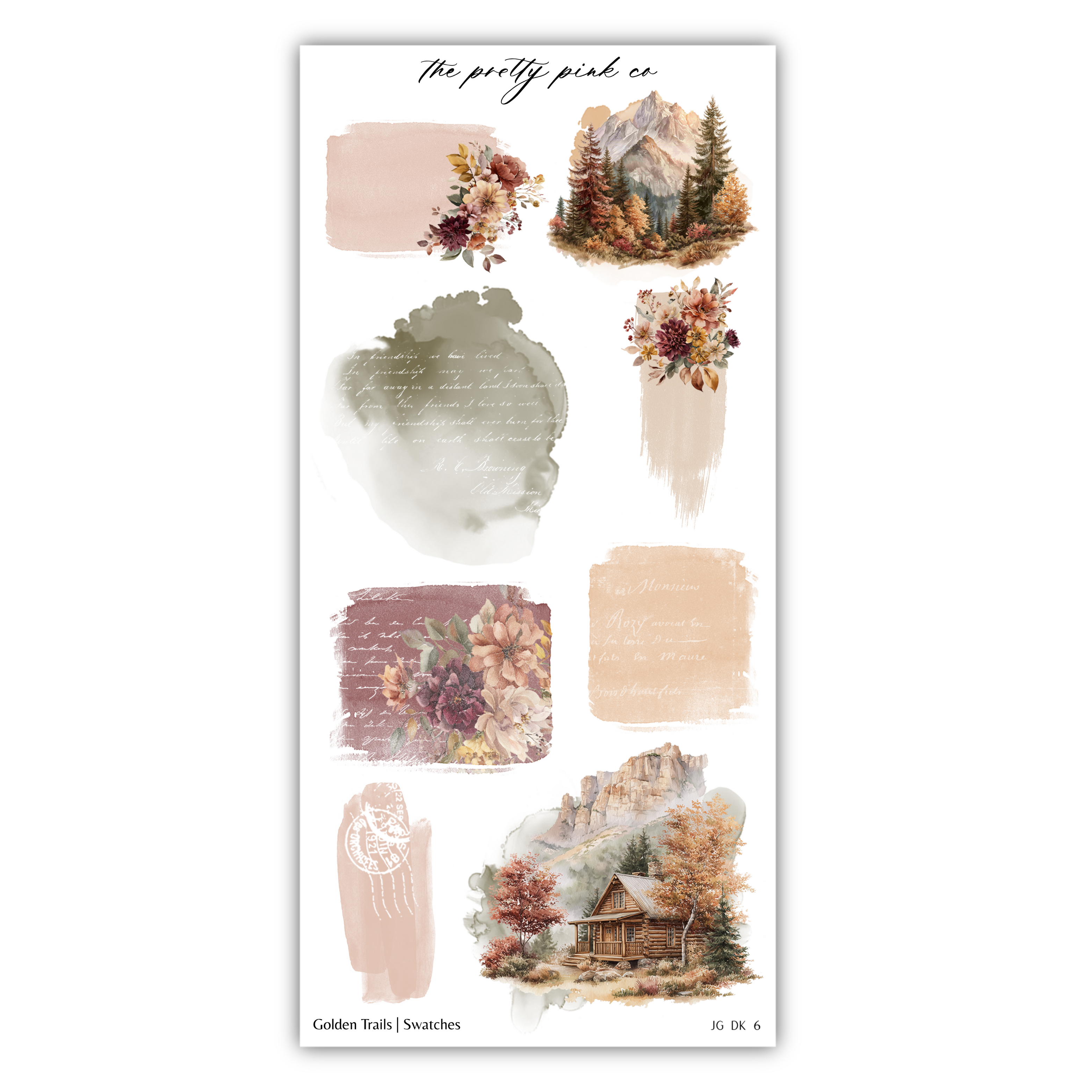 various artistic elements, including watercolor brushstrokes, floral designs, and a cabin in the woods. The image is a collage of different artistic elements, and it does not contain any text that can be described in fewer than 500 characters.