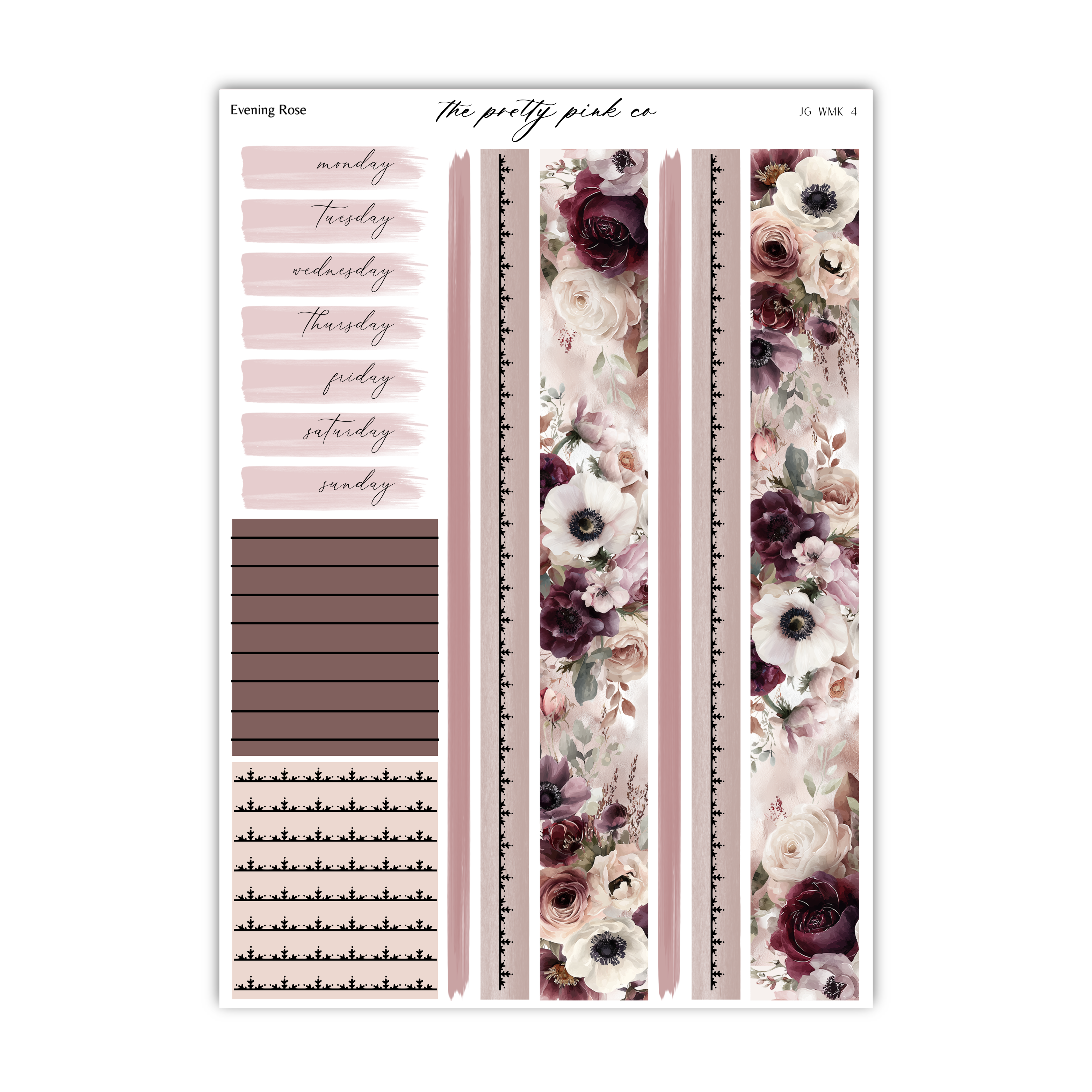 The image is a collection of design elements, including a floral pattern, a striped pattern, and a grid layout, all set against a white background.
