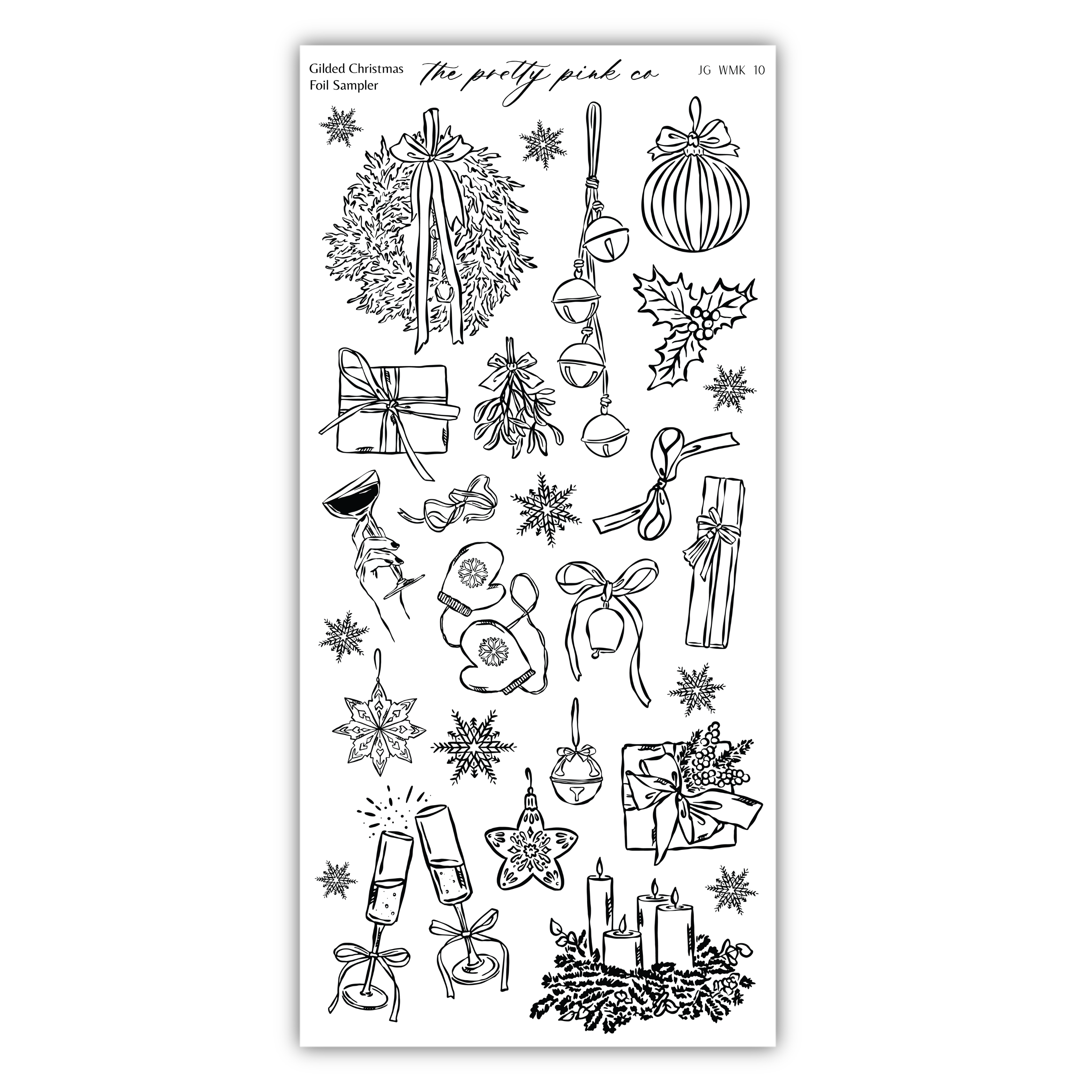 various Christmas-themed illustrations, including a wreath, a pumpkin, a bell, a star, and other festive elements.