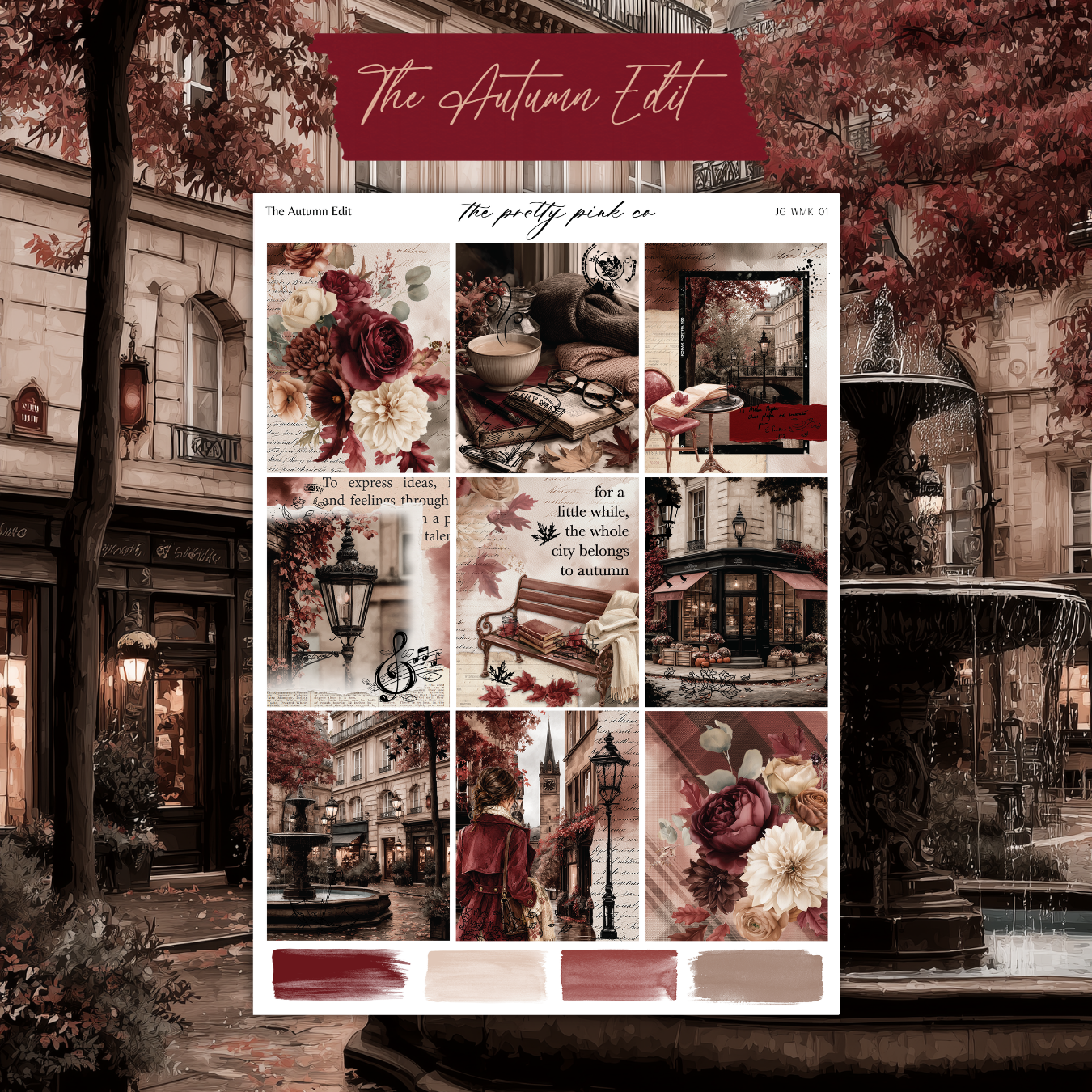 The image is a collage of various autumn-themed elements, including flowers, a fountain, and a city street scene. The collage is titled "The Autumn Edit" and includes a subtitle that reads "The pretty pink co."