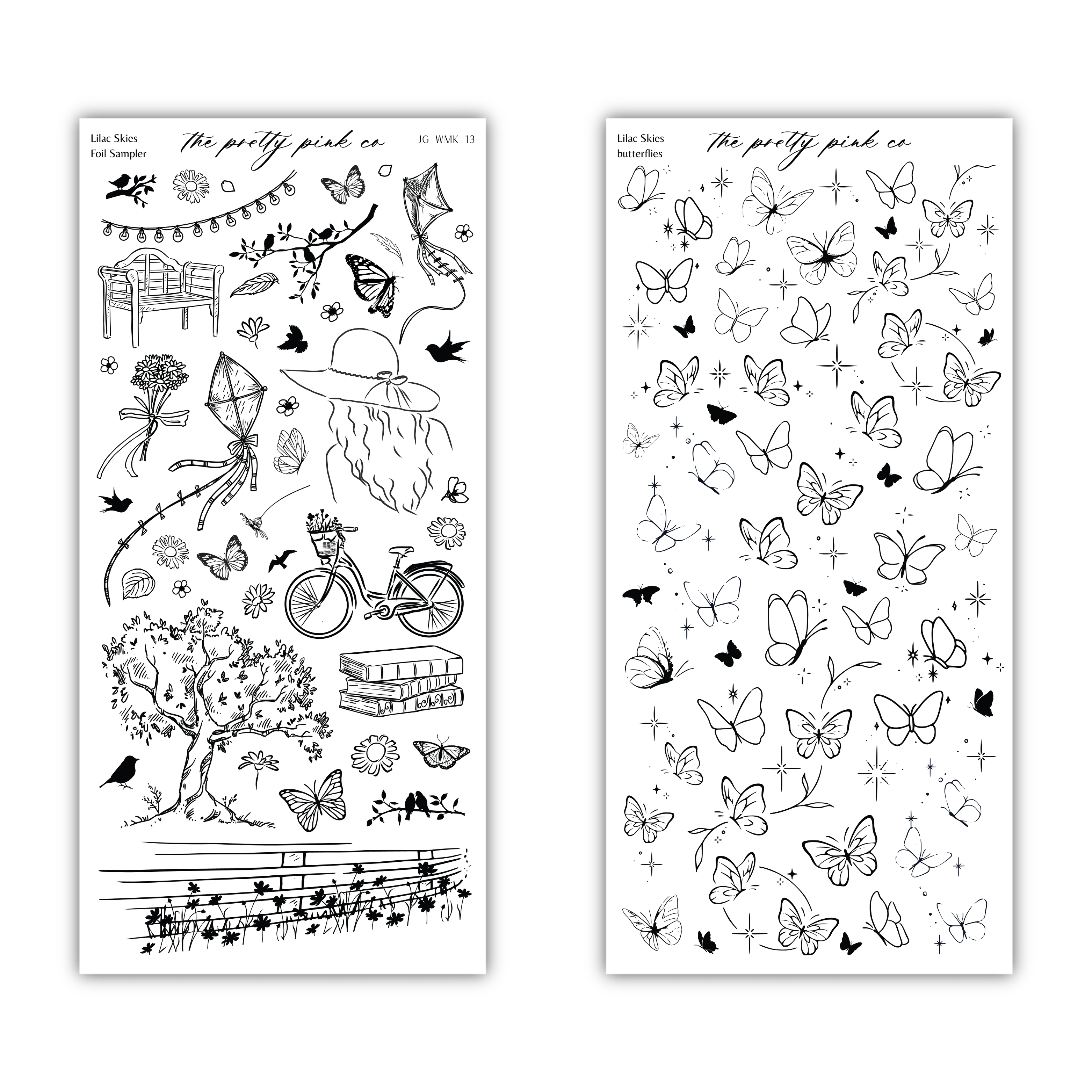 two black and white illustrations of various objects and scenes, including a bicycle, flowers, butterflies, and a tree. The illustrations are not described in detail, and the phrases 'The image depicts', 'The image displays', 'The image shows', 'In the image', 'The image captures', 'The image features', and 'The image features' are not used.