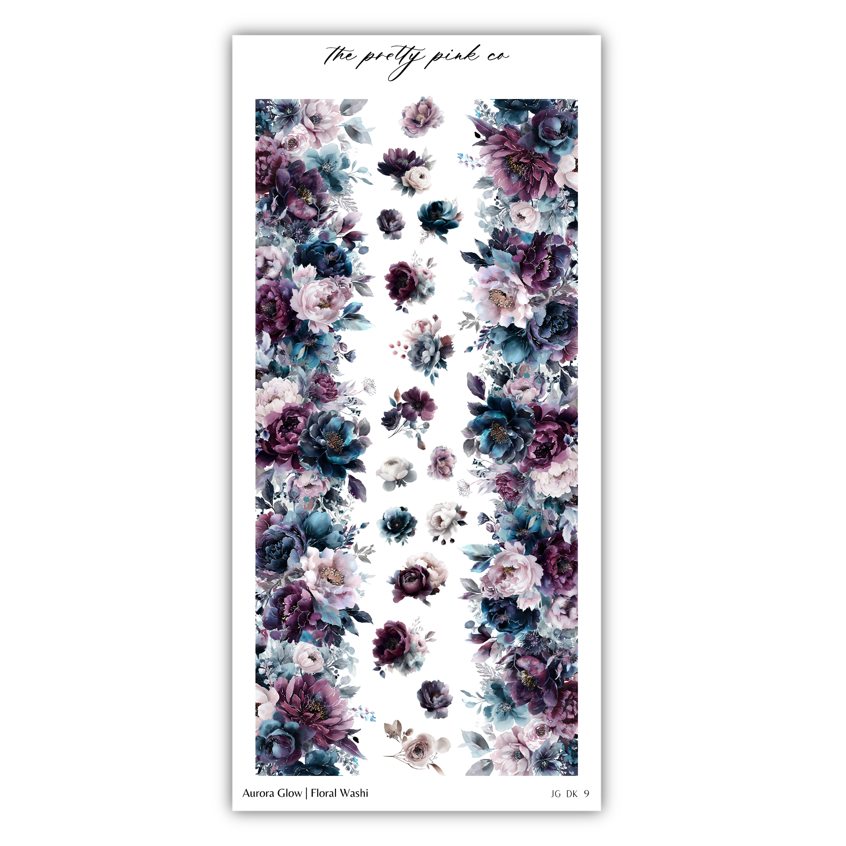 The image is a vertical arrangement of various flowers in shades of purple, blue, and white, creating a visually striking and colorful display.