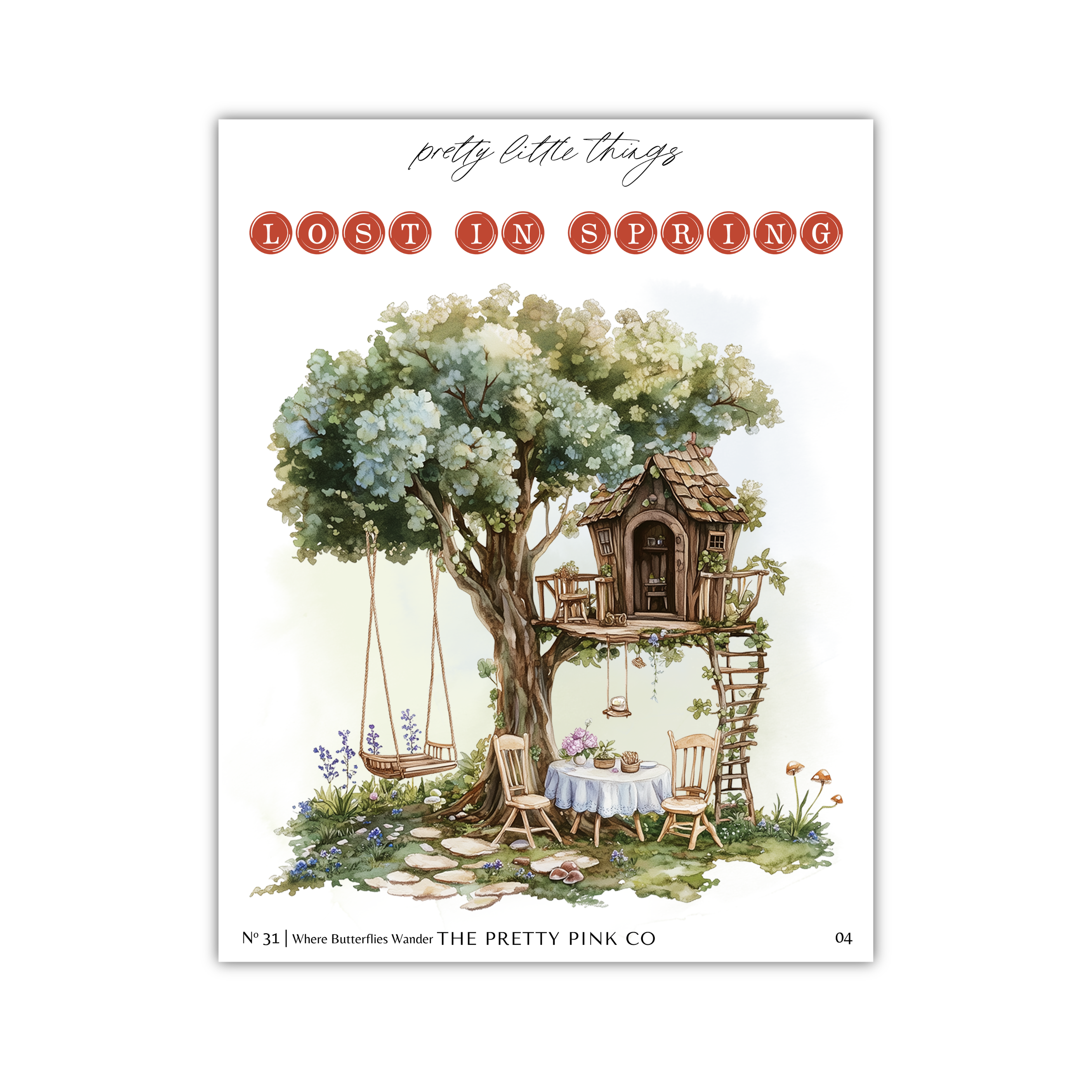 The image is a watercolor painting depicting a whimsical scene with a treehouse, a swing set, and a picnic table set up in a lush, green garden.