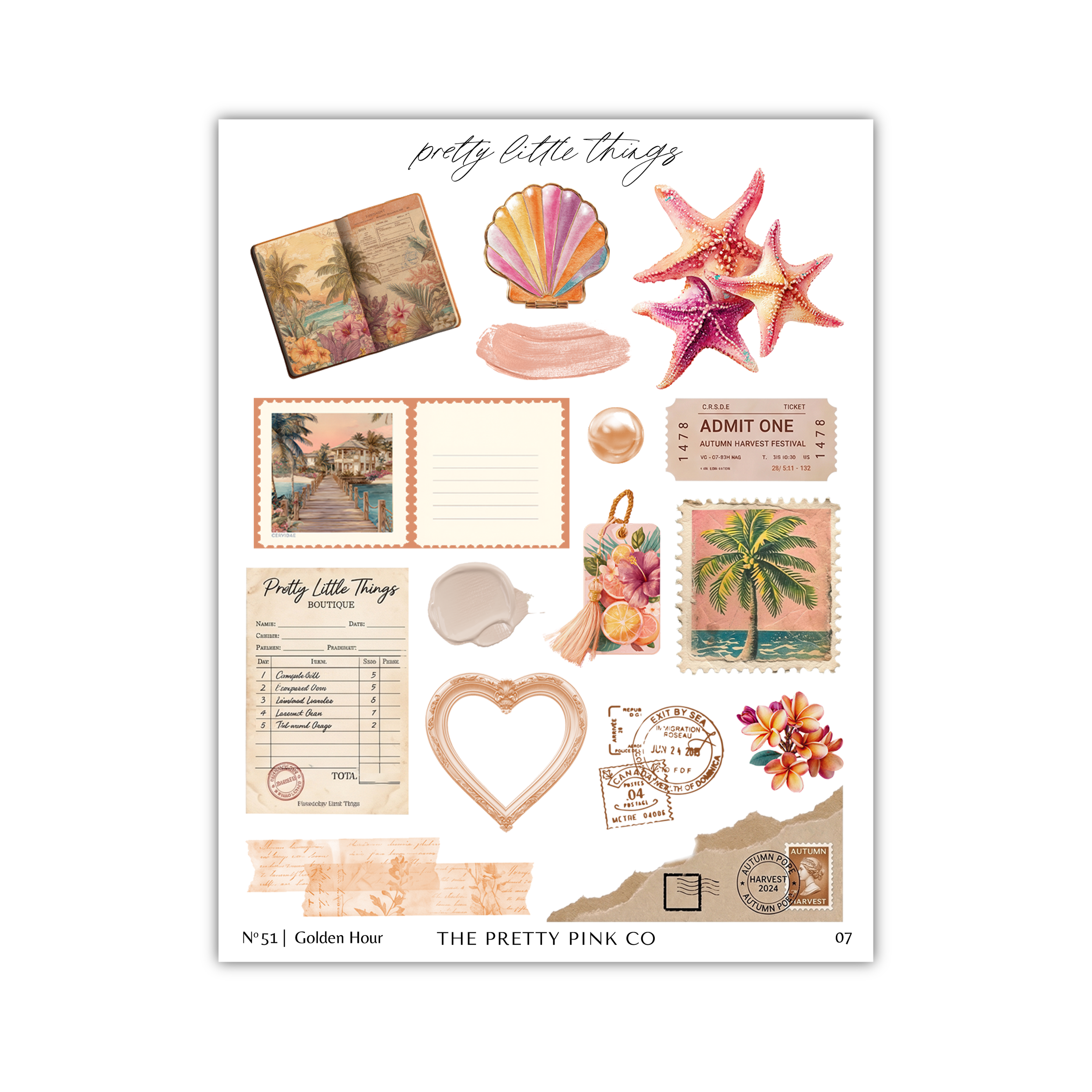 various decorative elements, such as seashells, starfish, a heart, and a ticket, arranged in a collage-like manner.