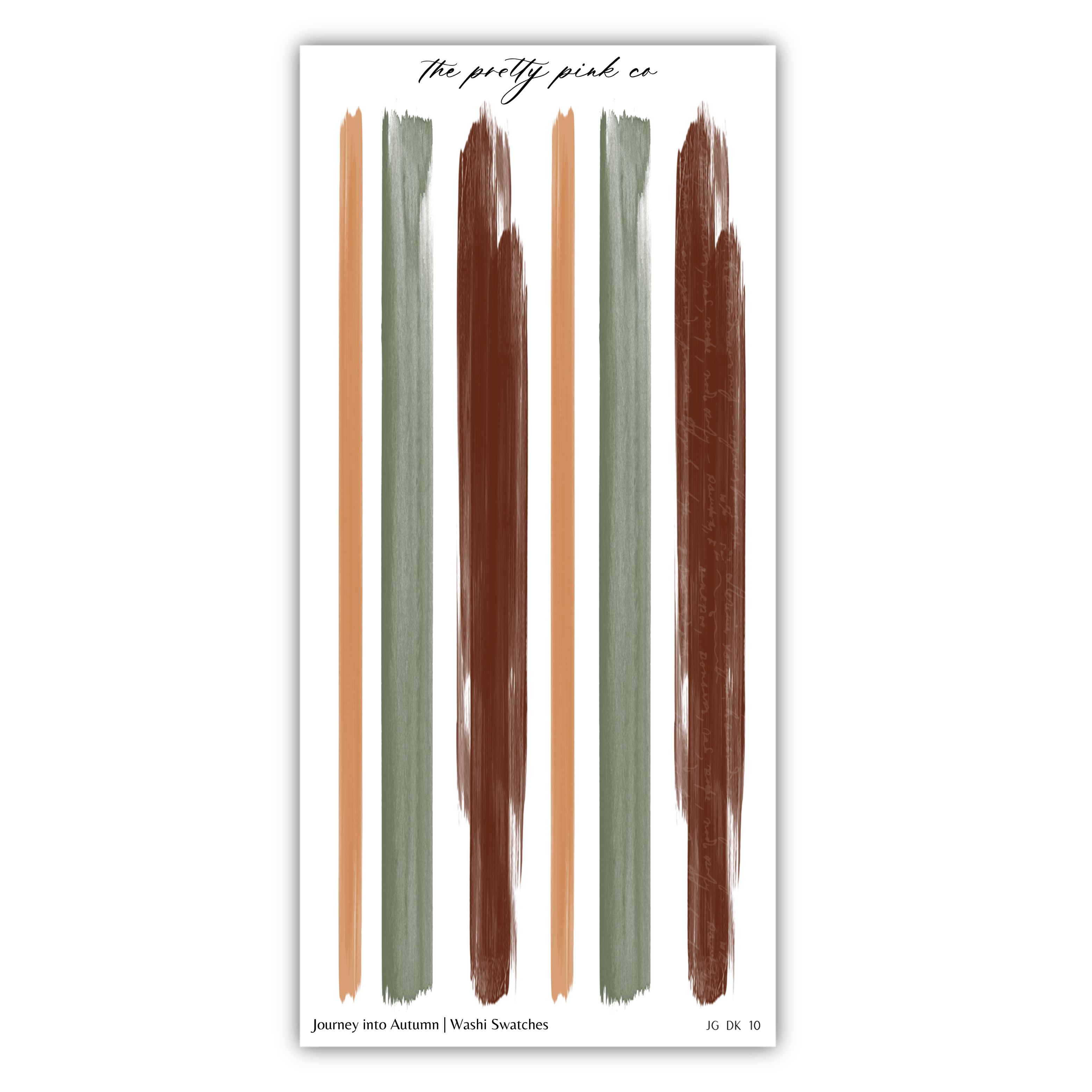 The image is a collage of six vertical brushstrokes in various colors, including orange, green, brown, and gray, arranged in a grid-like pattern.