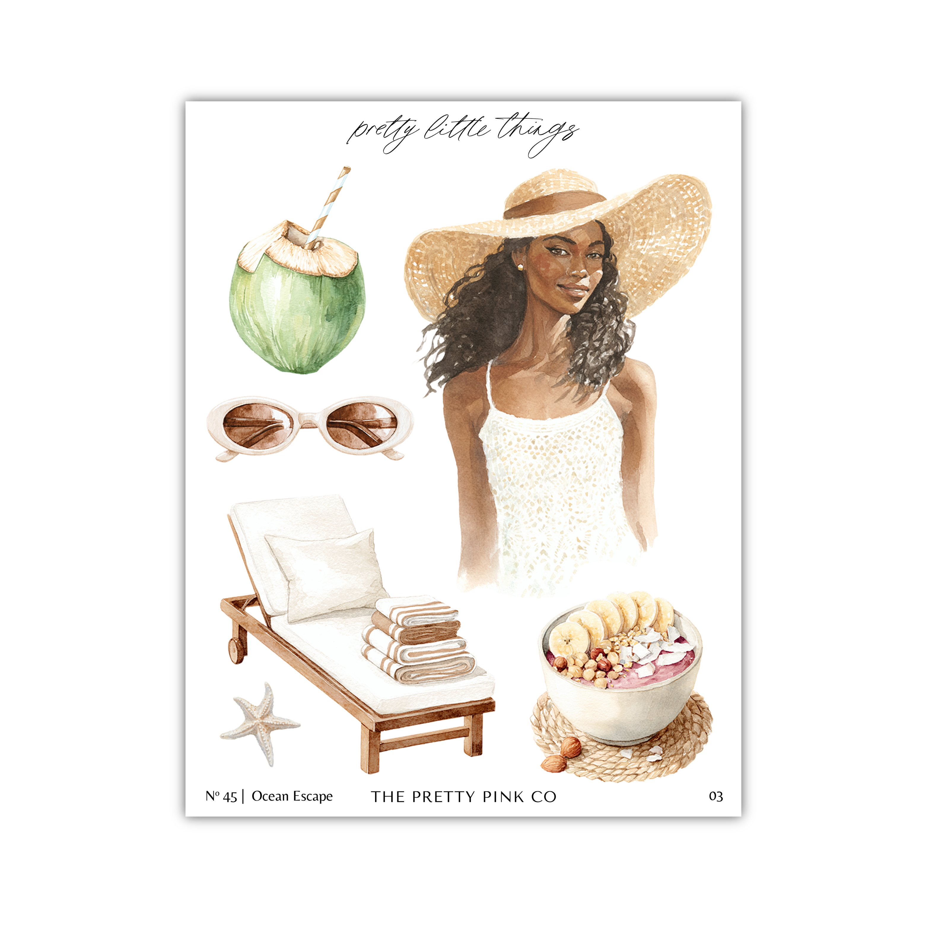 The image is a collage of various summer-themed items, including a woman in a straw hat, sunglasses, a beach chair, a bowl of fruit, and a starfish.