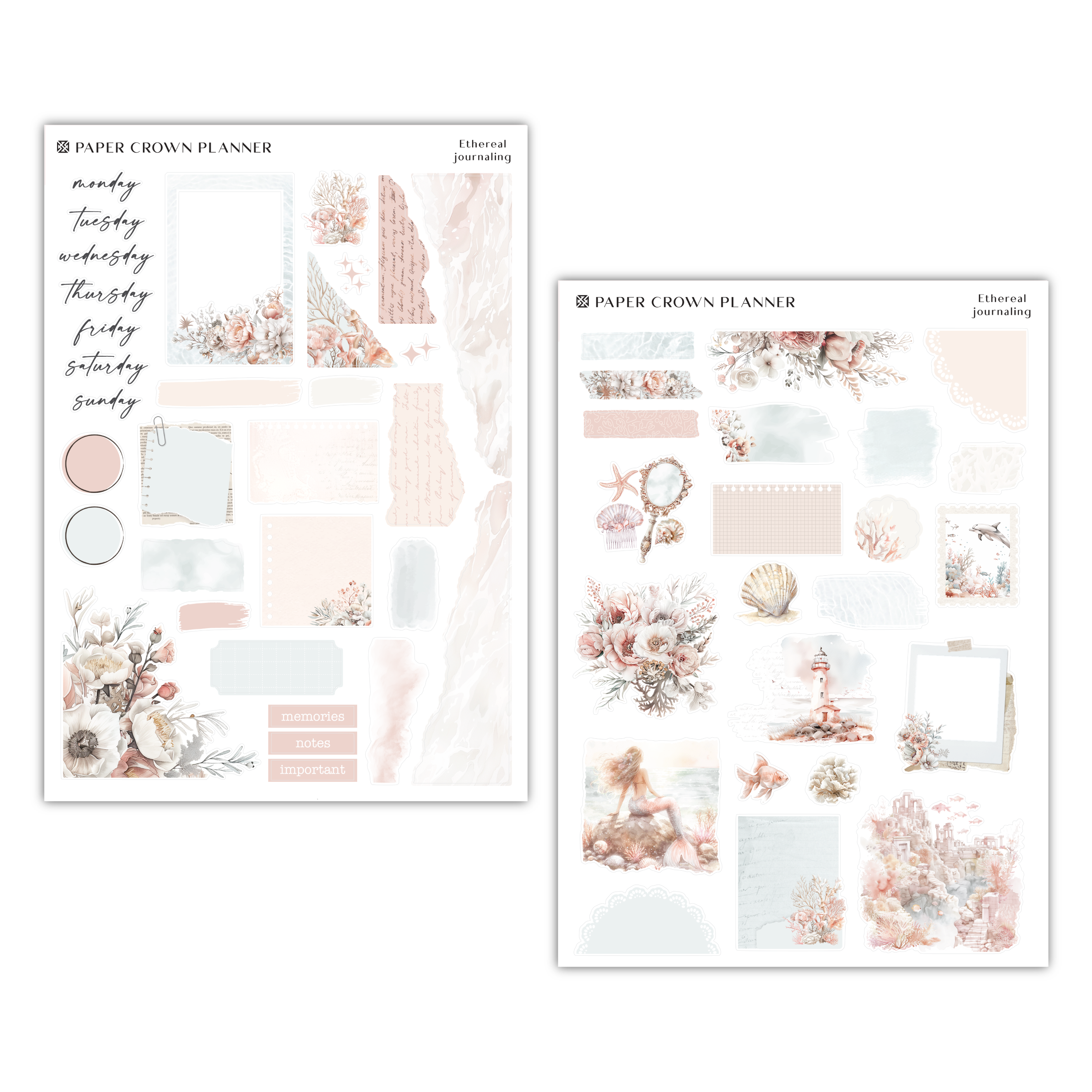 two sheets of paper with flowers and seashells on them