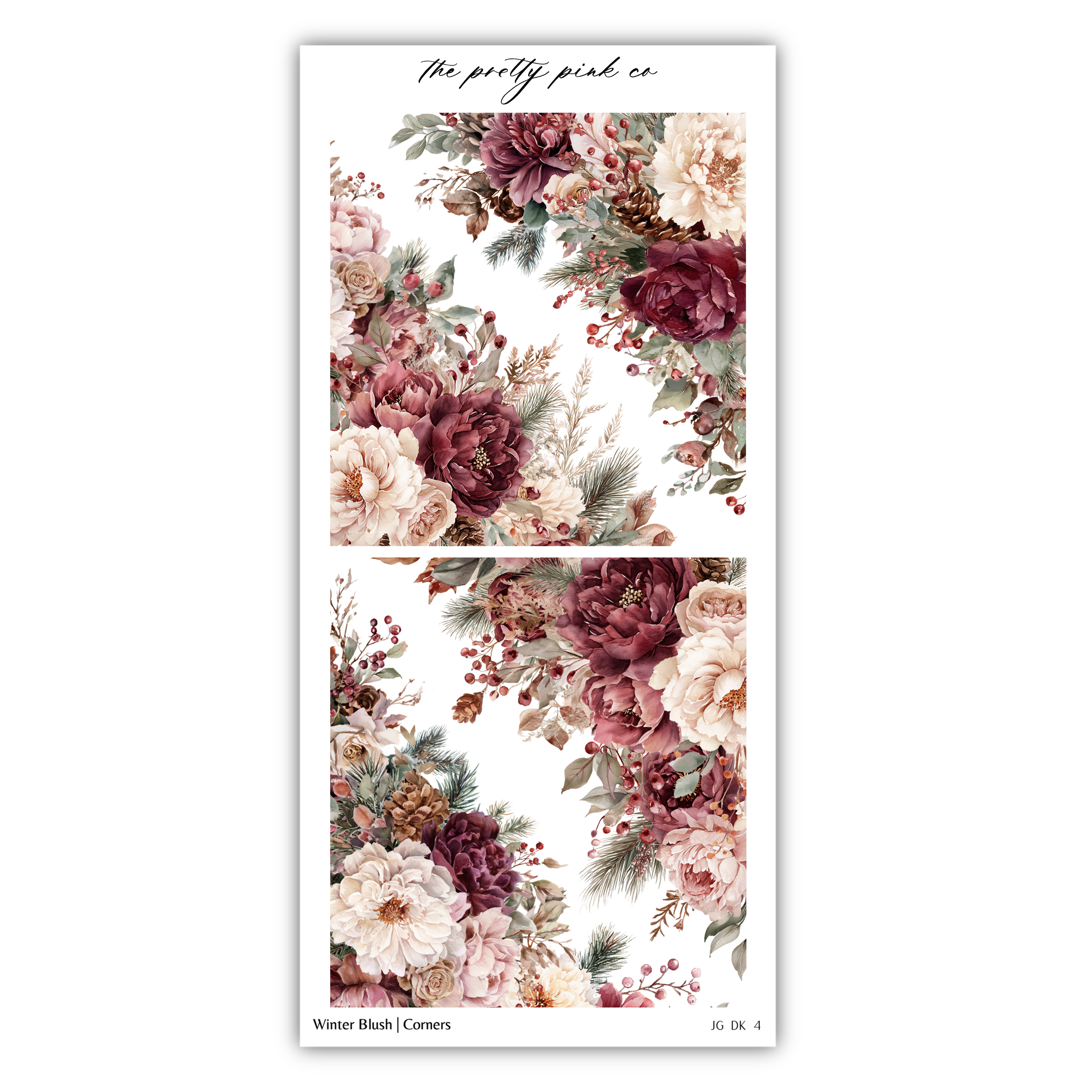 The image is a collage of two floral images, each featuring a variety of flowers in different colors and arrangements. The collage is titled "Winter Blush | Corners" and includes the text "The pretty pink co" at the top.