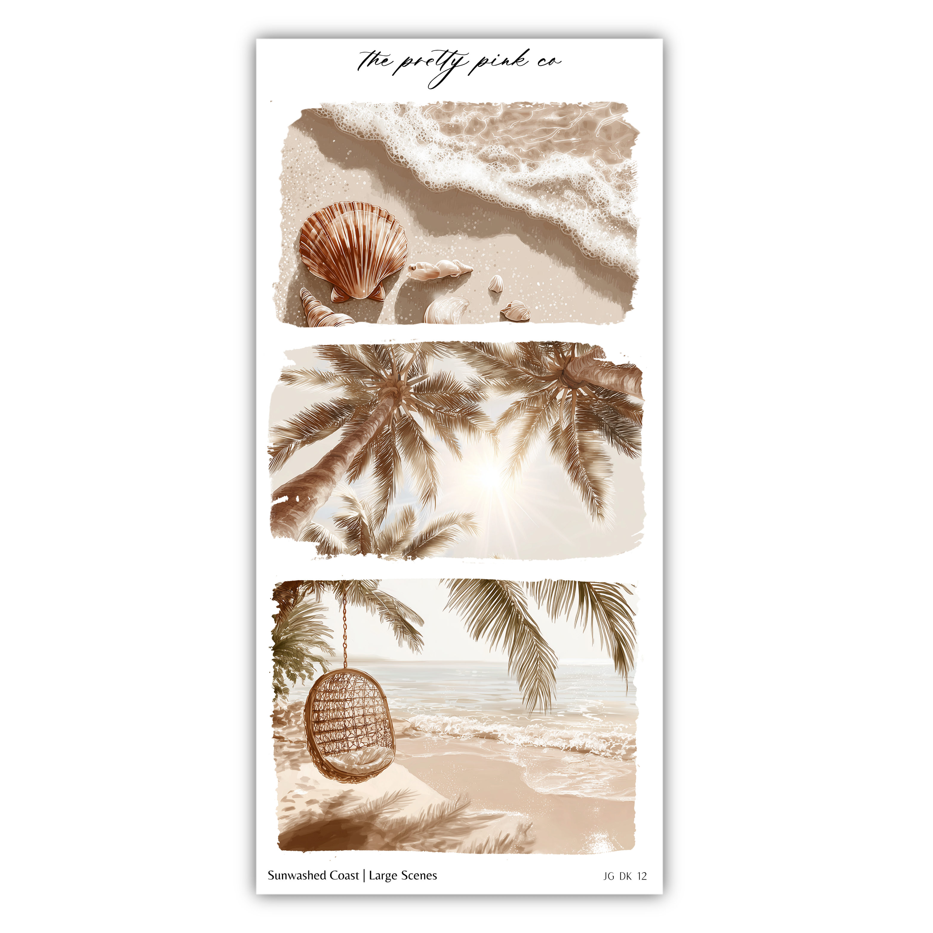 The image is a collage of three pictures depicting beach scenes, including a sandy beach, palm trees, and a hanging hammock.