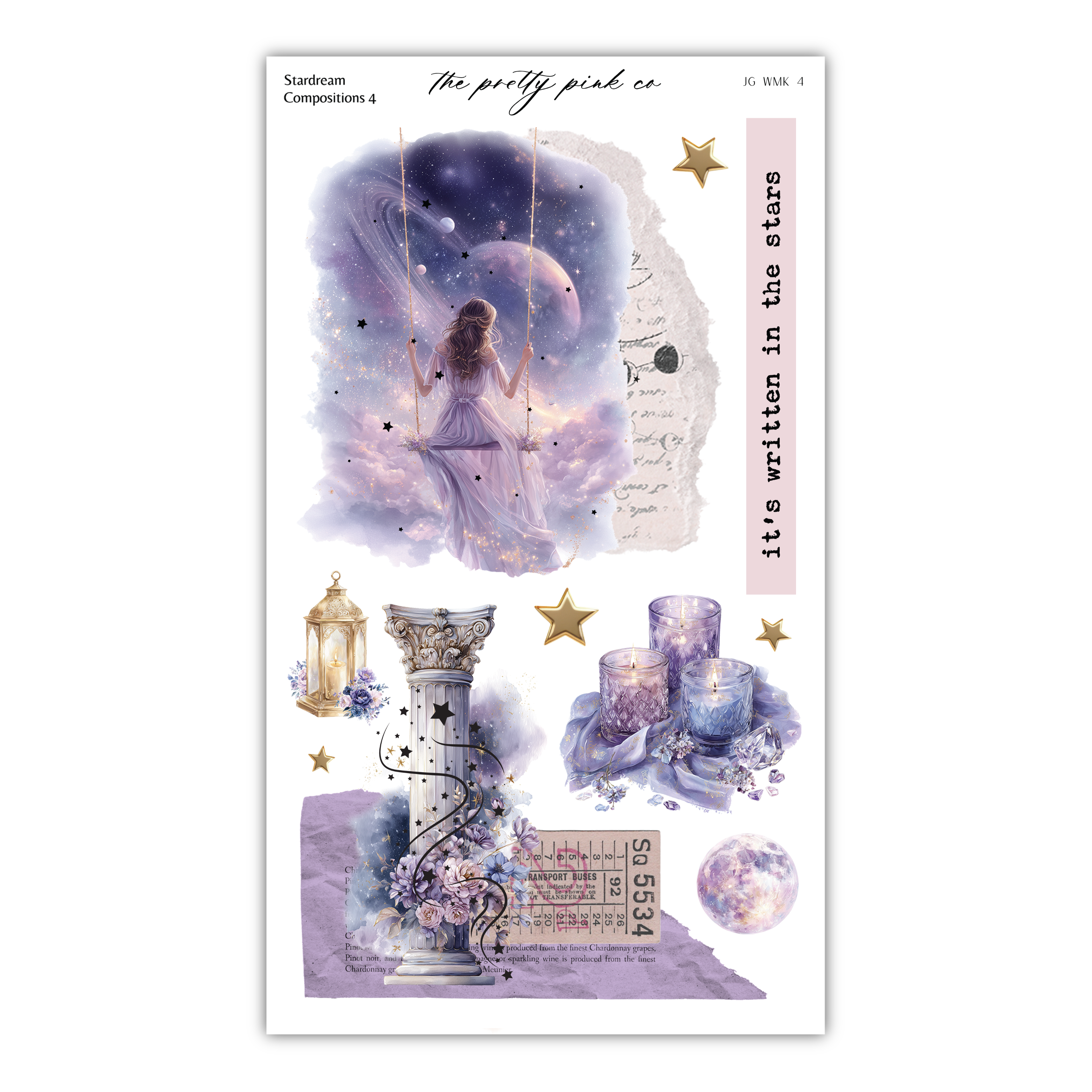 The image is a collage of various artistic elements, including a woman in a flowing dress, a lantern, candles, and a starry night sky. The collage is titled "The pretty pink co" and includes a star and a moon.