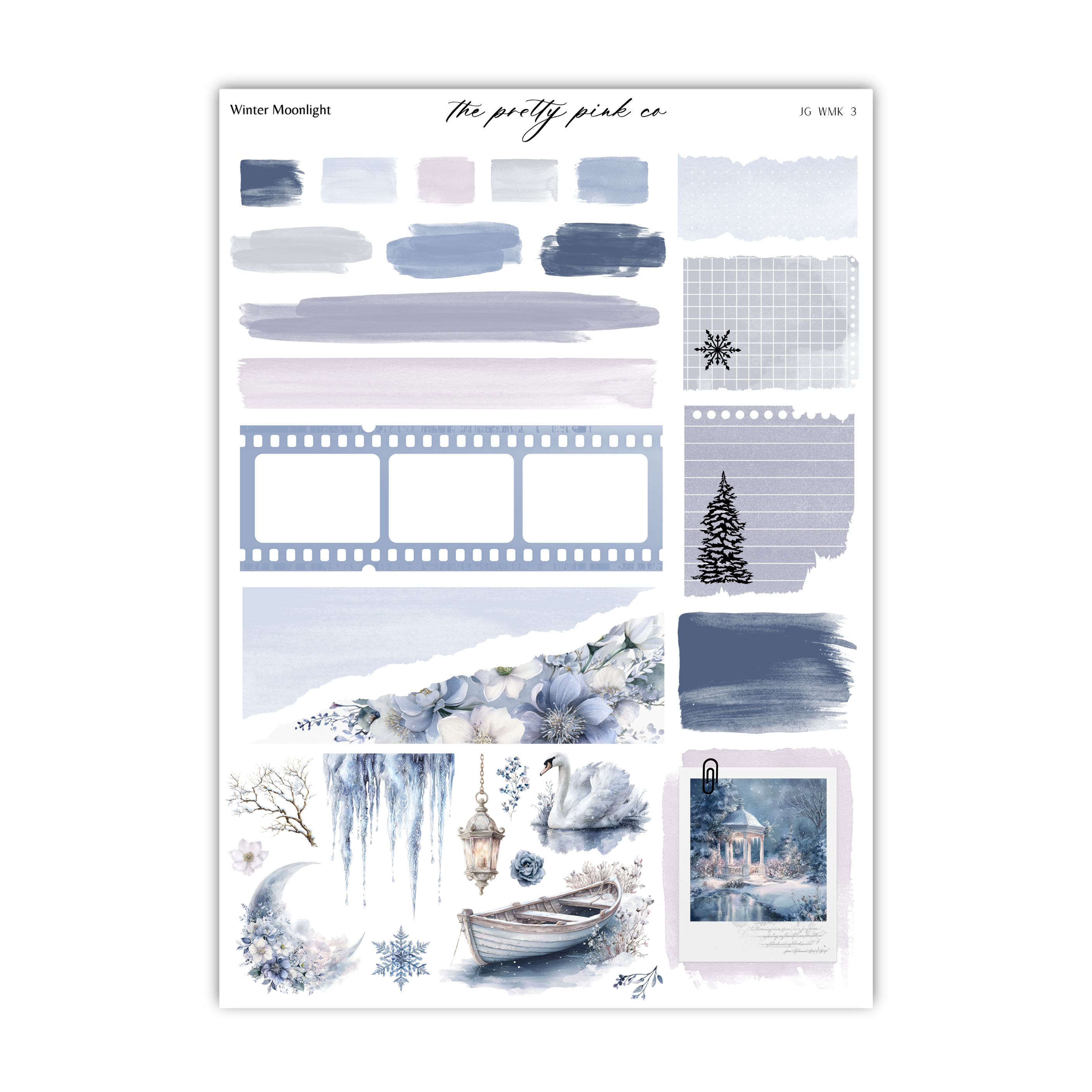 The image is a collection of various winter-themed elements, including a snowflake, a boat, a tree, and a snowman, all rendered in shades of blue and gray.