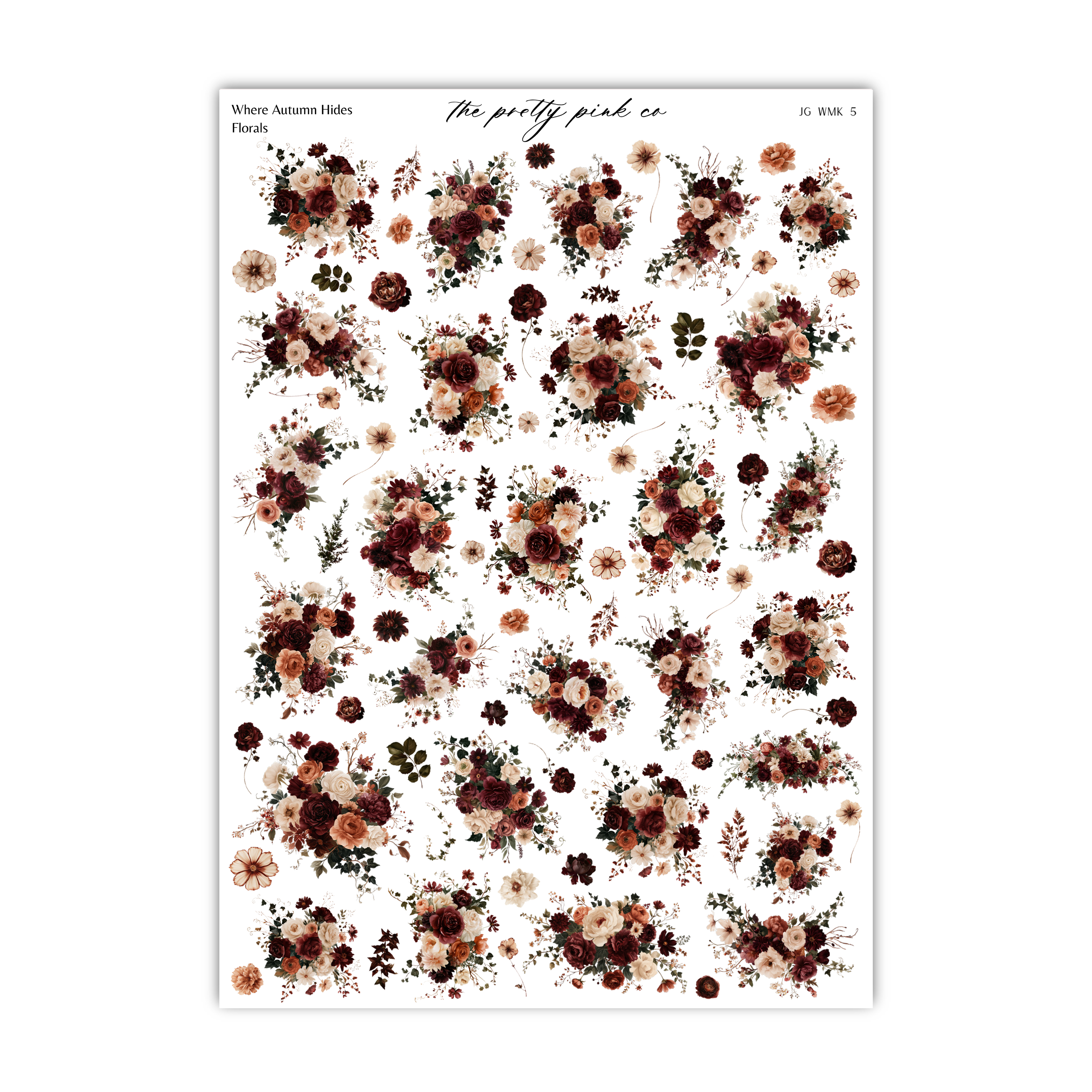 a collection of floral arrangements, each with a different color and style, arranged in a grid-like pattern.