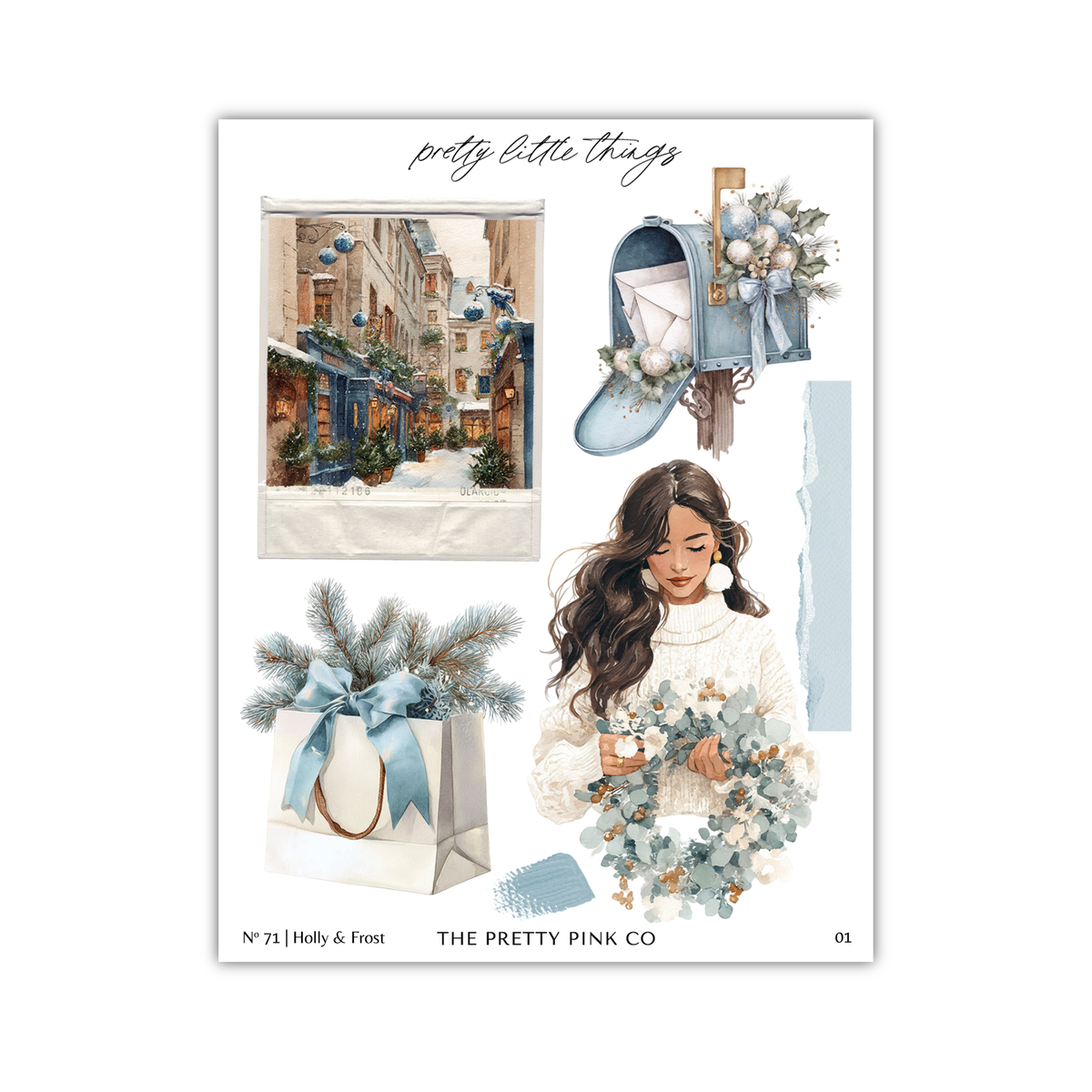The image is a collage of various elements, including a woman holding a wreath, a mailbox, a gift bag, and a snowy street scene.