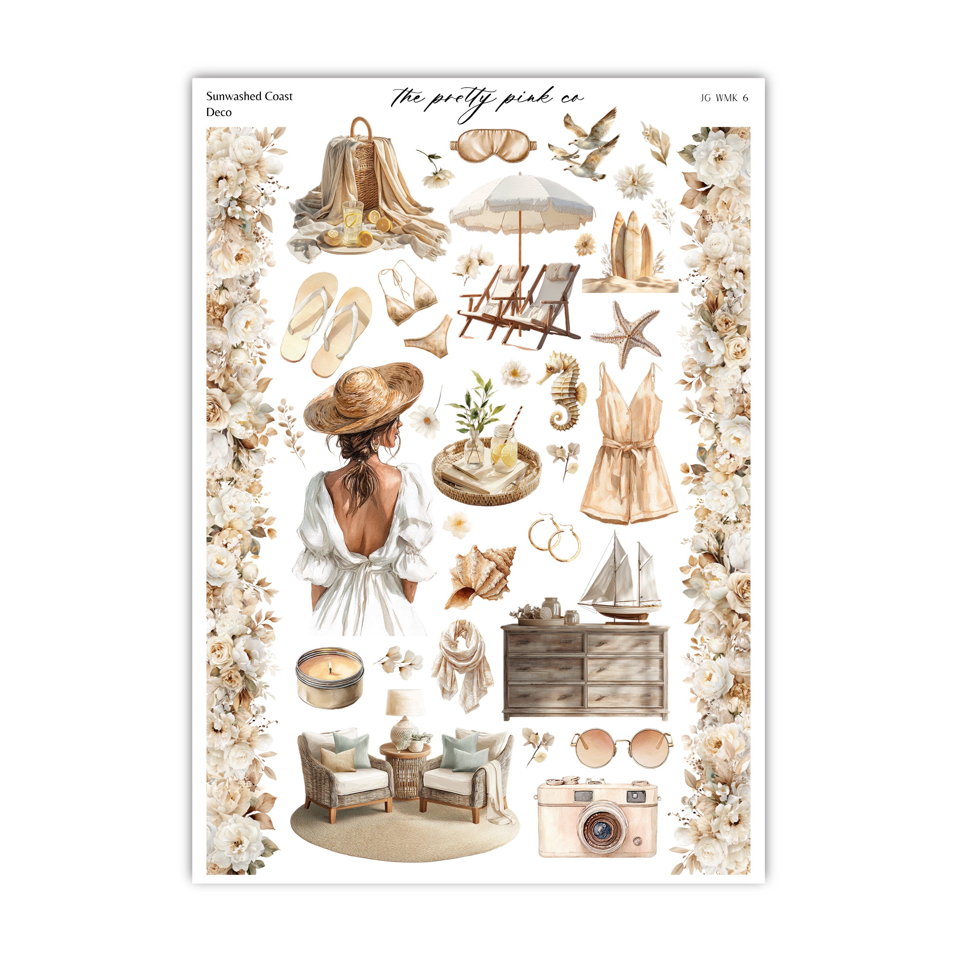 The image is a collage of various objects and scenes related to a beach or vacation setting, including a woman in a hat, a beach umbrella, a dress, a camera, a sailboat, and other beach-related items.