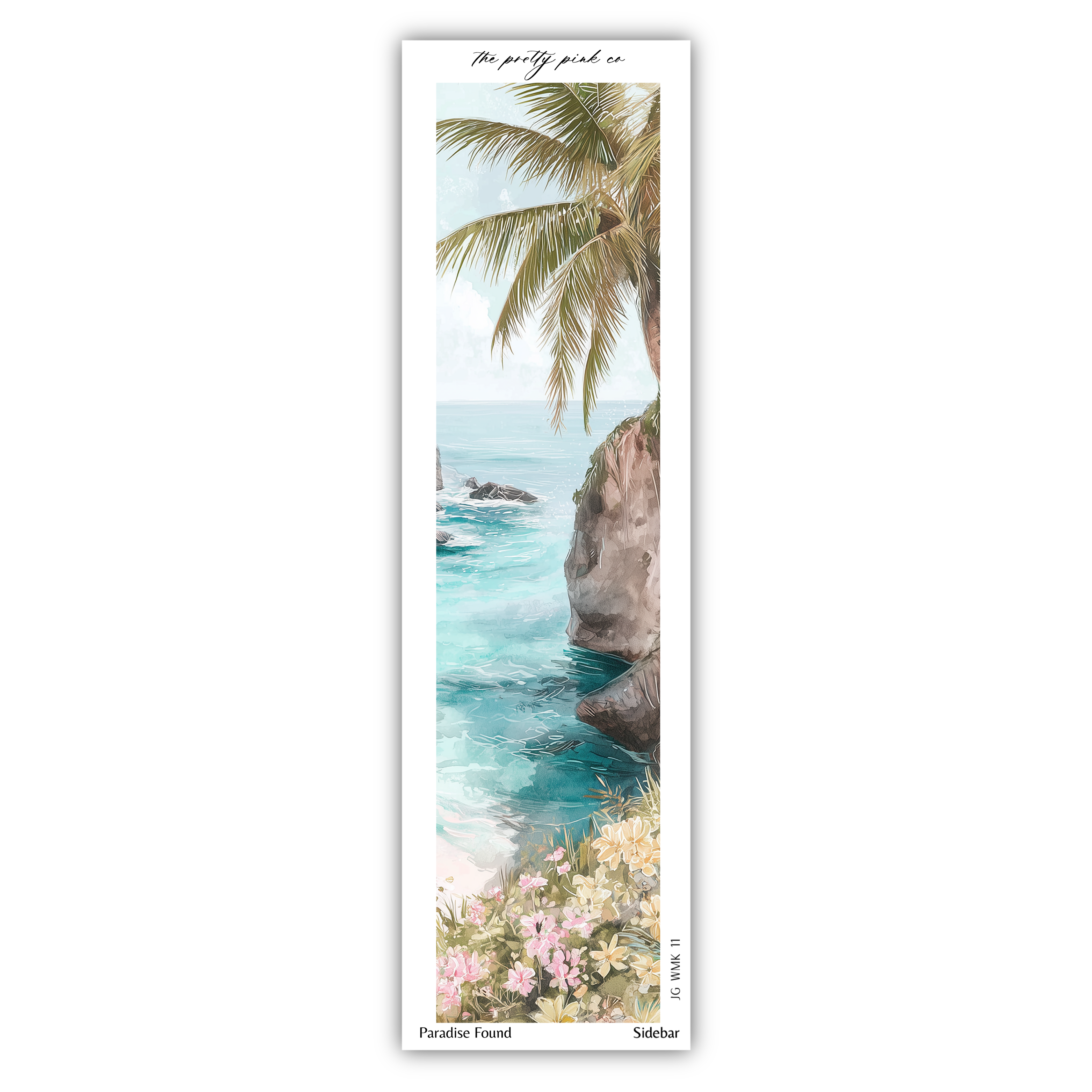 A tropical beach scene with palm trees, a rocky cliff, and a body of water.