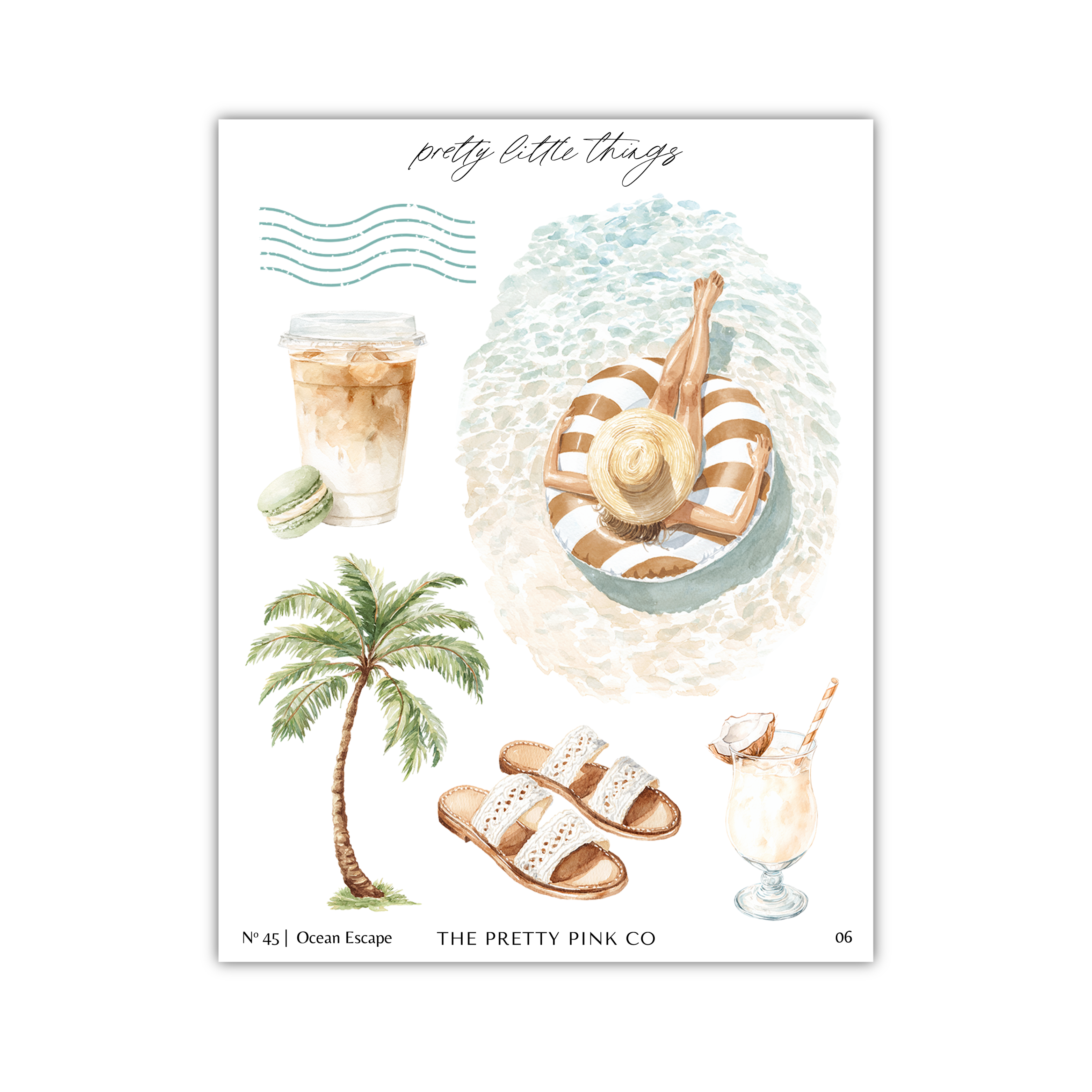 The image is a collage of various tropical and beach-themed items, including a cup of iced coffee, a palm tree, a person in a straw hat, sandals, and a glass of a tropical drink.