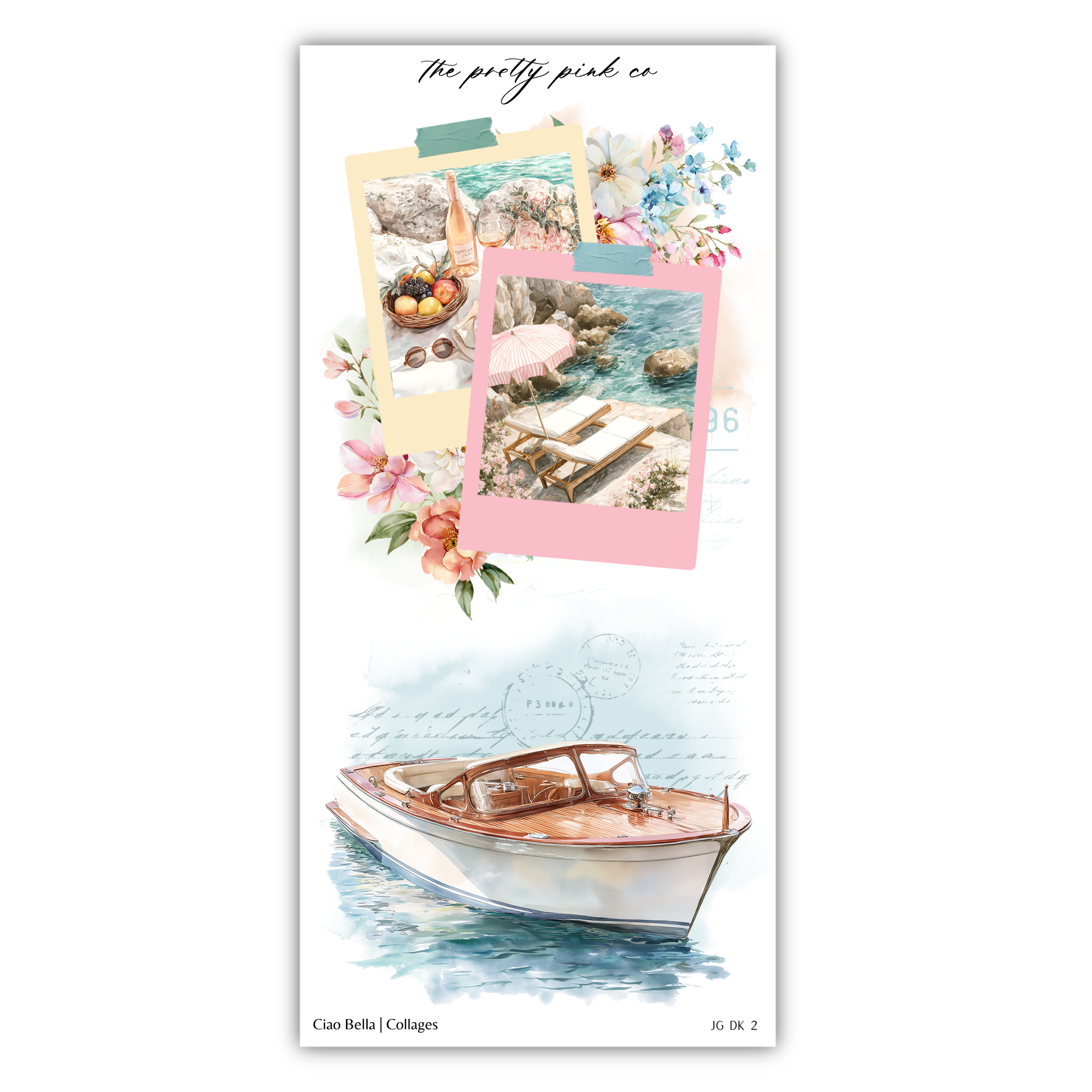 The image is a collage featuring a boat, flowers, and a scenic background, with the text "The pretty pink co" and "Ciao Bella Collages" at the bottom.