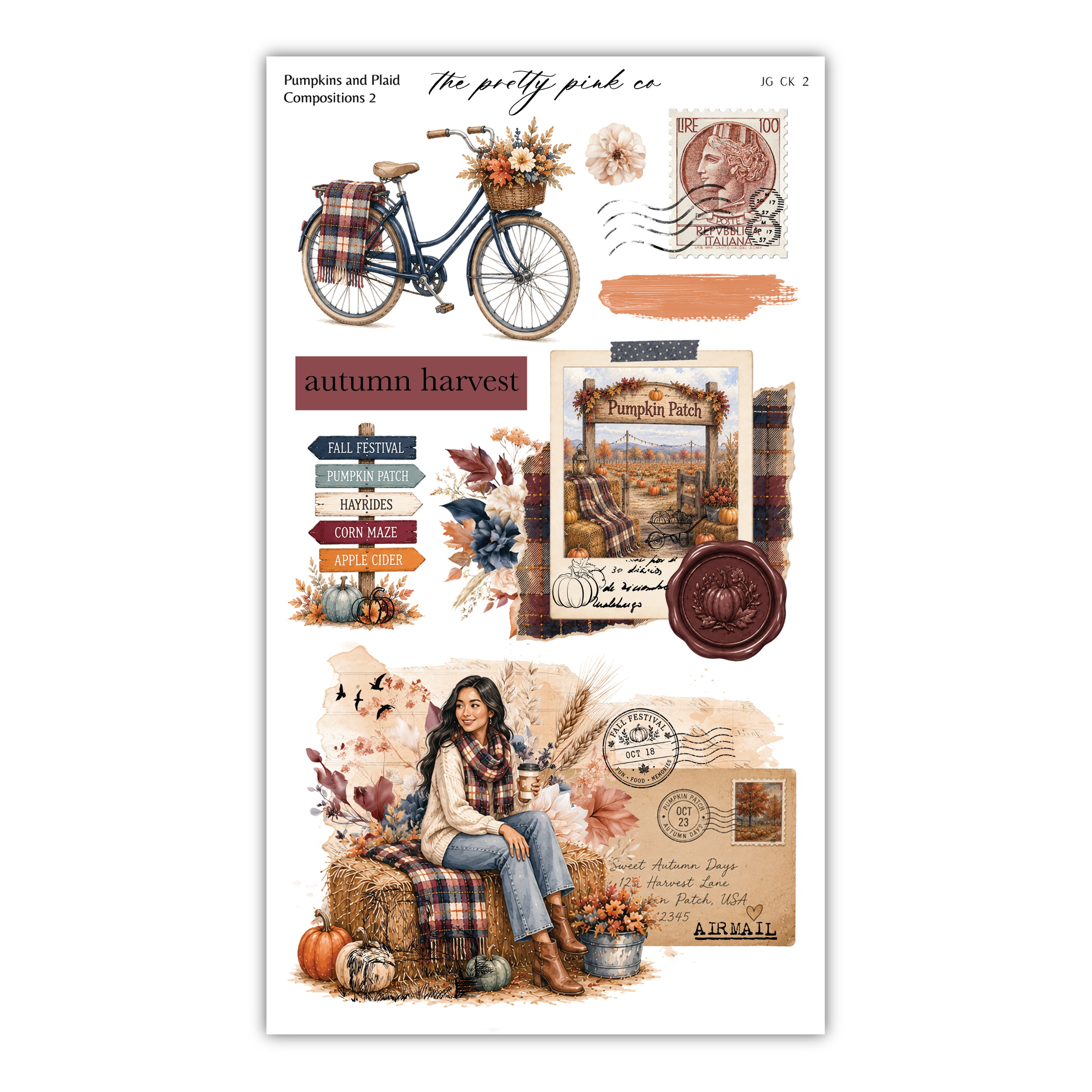 The image is a collage of various autumn-themed elements, including a bicycle, pumpkins, a woman sitting on a hay bale, and a pumpkin patch. The collage also includes autumn harvest-related items such as pumpkins, hay bales, and a bicycle.
