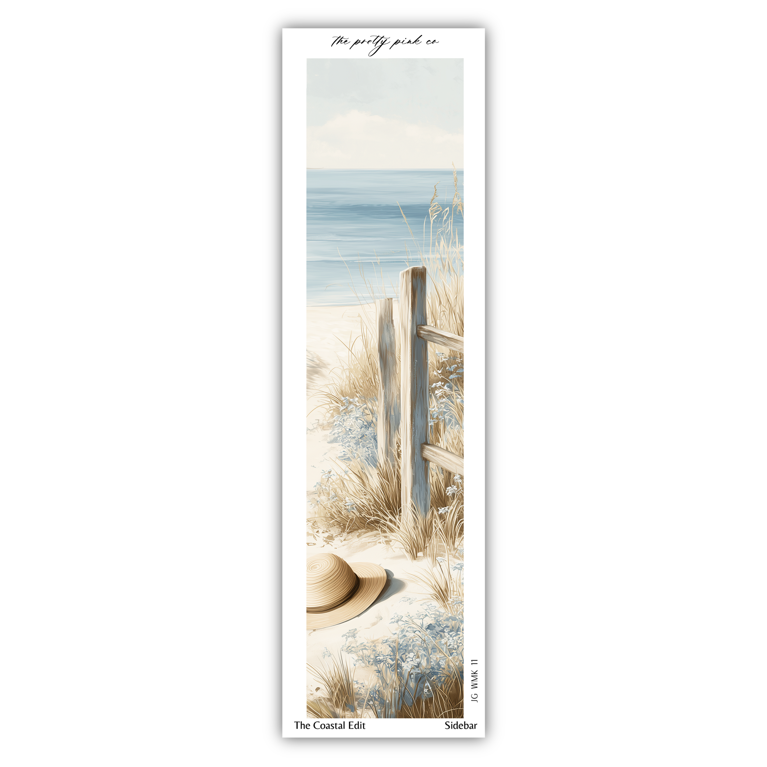 a serene beach scene with a wooden fence, a hat, and a view of the ocean in the background.