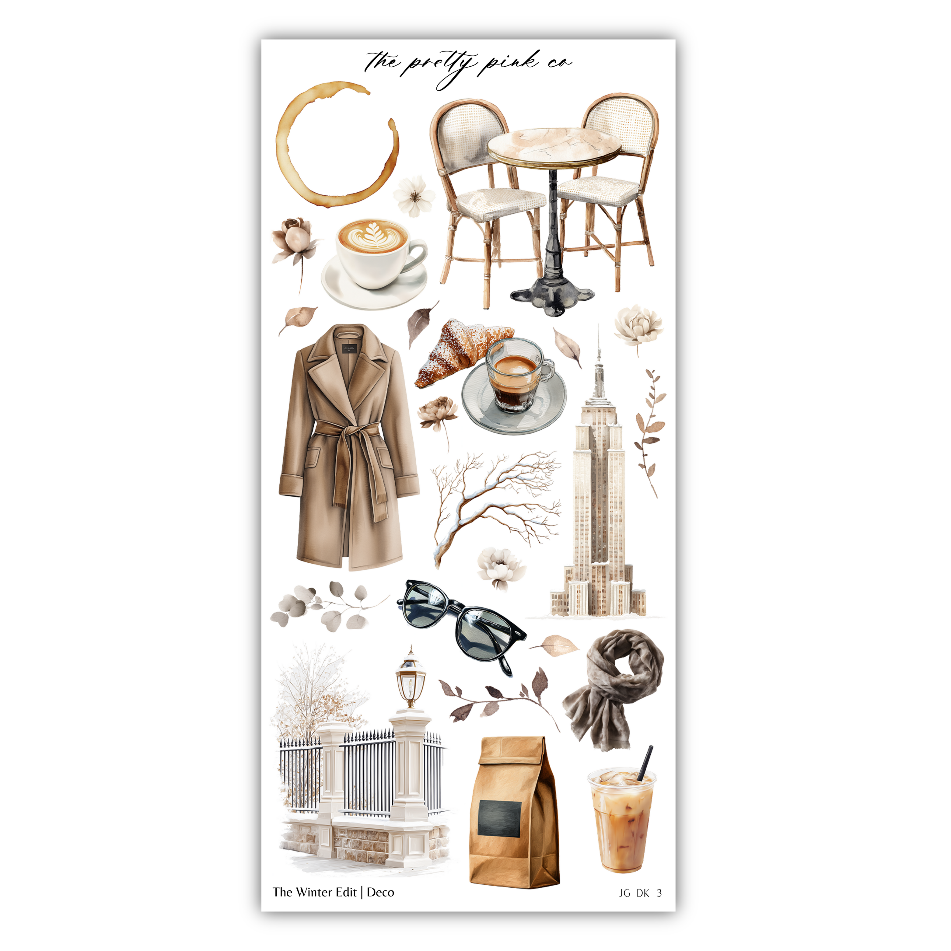 various objects and scenes related to a cozy, stylish, and sophisticated atmosphere, such as a coat, a cup of coffee, a building, a tree, a scarf, sunglasses, and a bag. The objects are arranged in a visually appealing manner, suggesting a collection of items that evoke a sense of warmth and comfort.