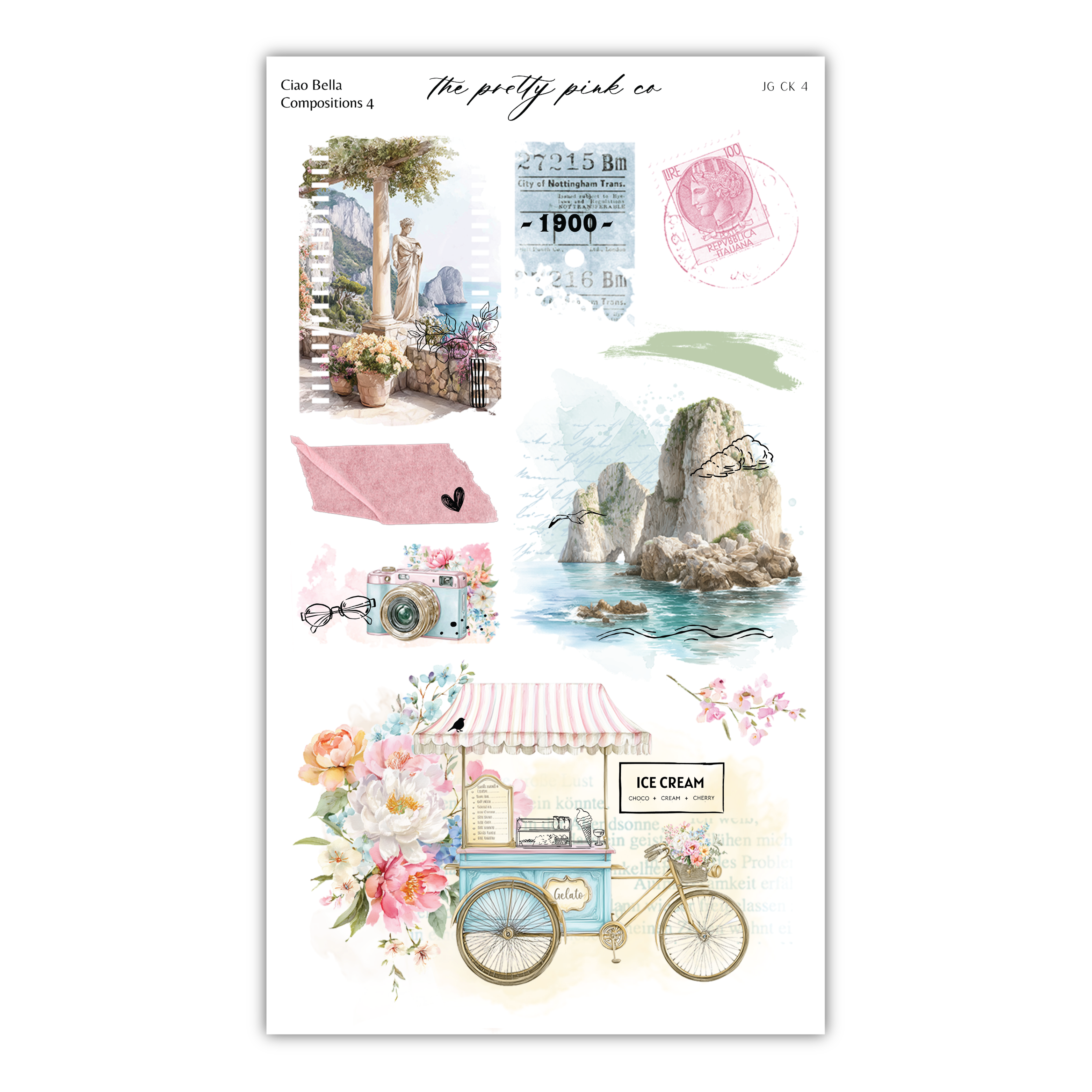The image is a collage of various artistic and decorative elements, including a bicycle, flowers, a building, and a sign for ice cream.