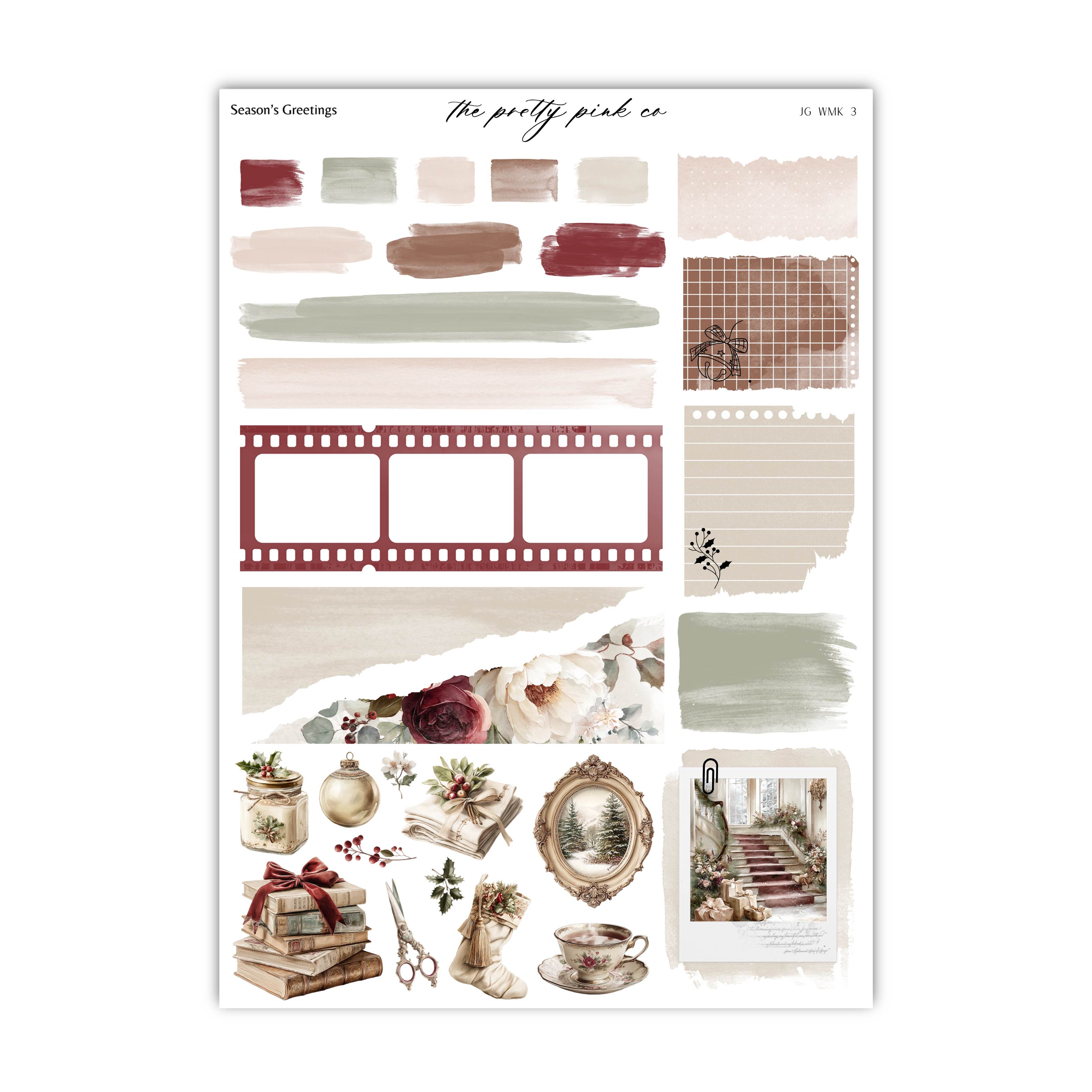 various decorative elements and objects, including a film strip, a mirror, books, flowers, and other home decor items. The overall theme appears to be related to home or interior design, with a focus on the use of different colors and textures.