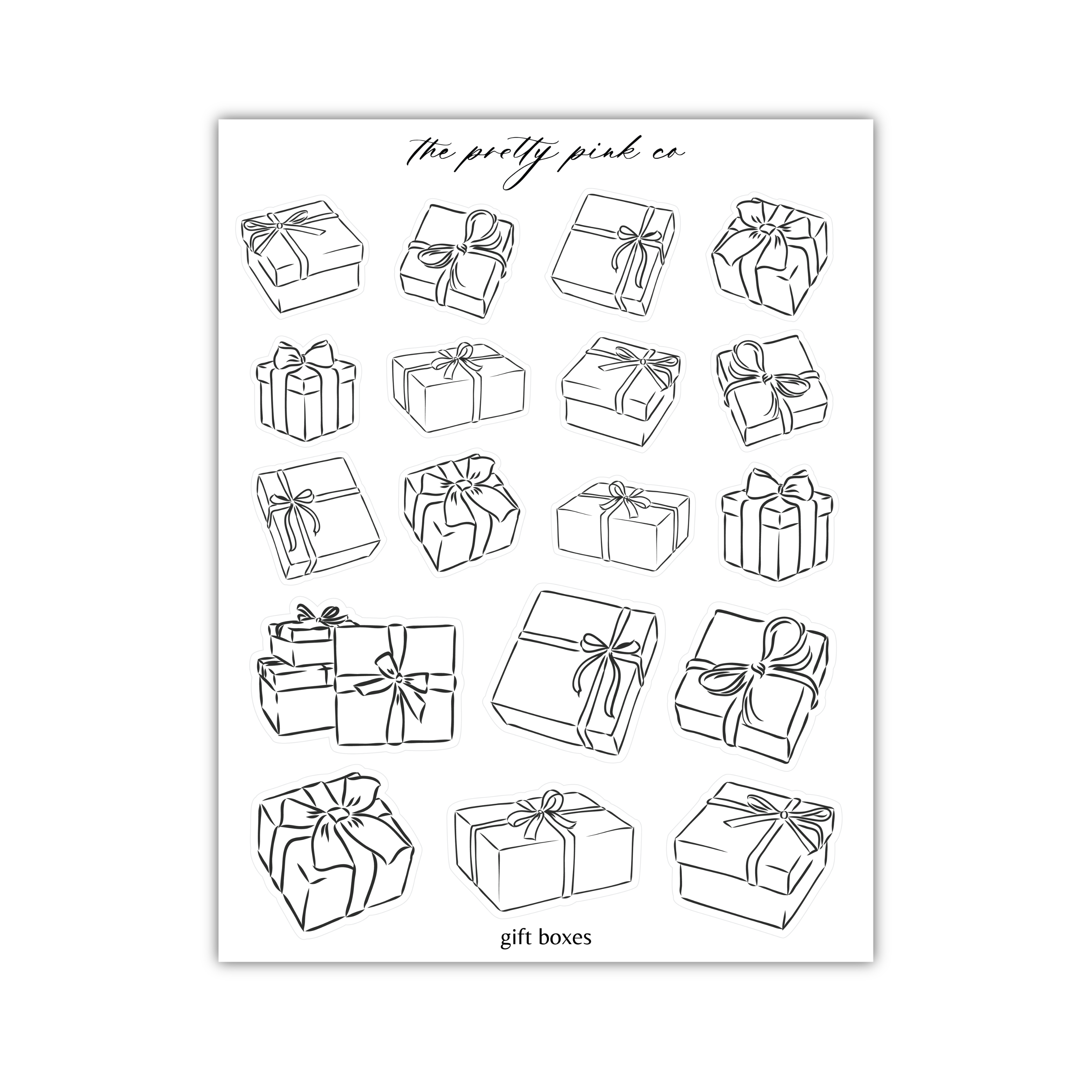 a black and white drawing of gift boxes