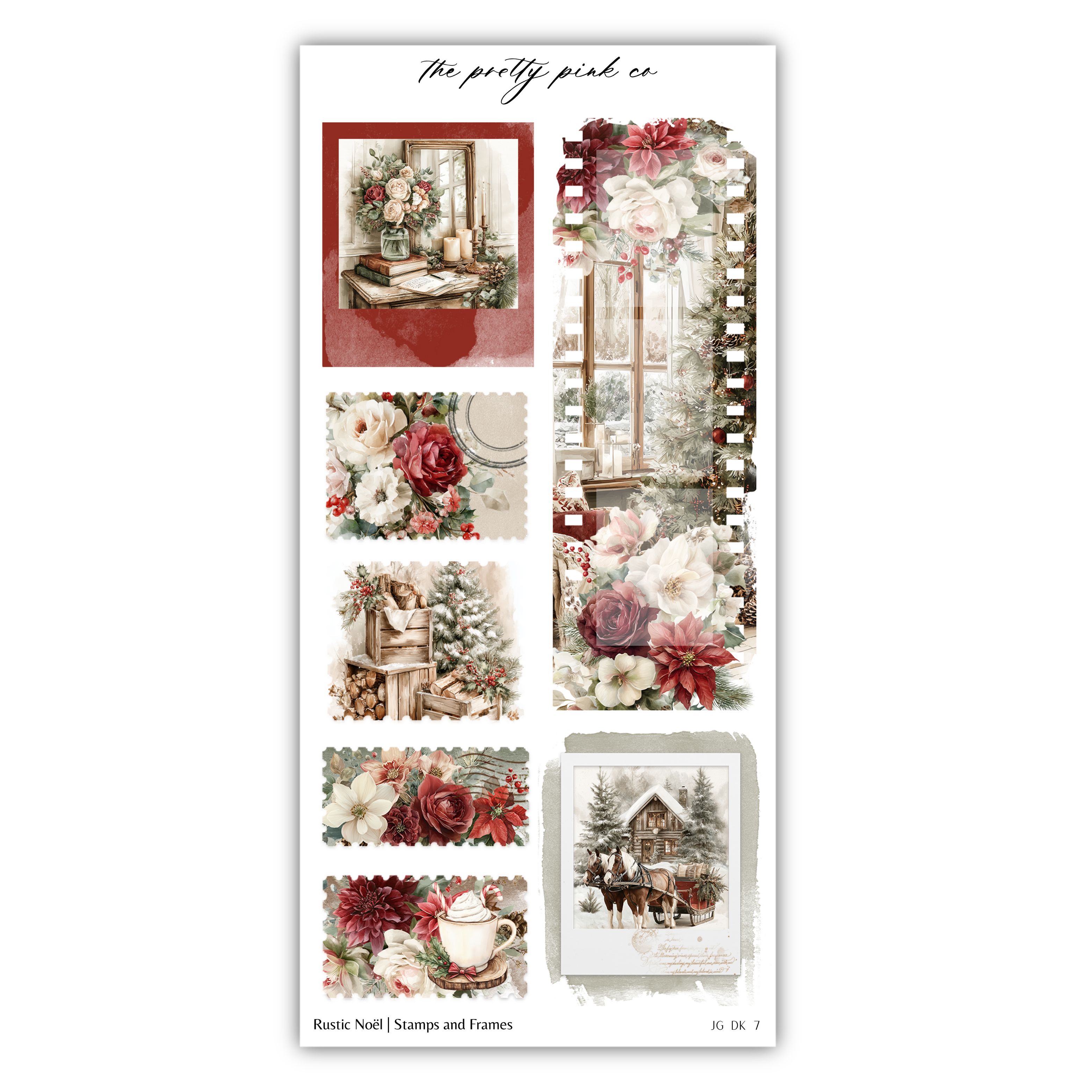 a collage of various floral and decorative elements, including a vase of flowers, a window, and a Christmas tree. The collage is titled "The pretty pink co" and includes stamps and frames.