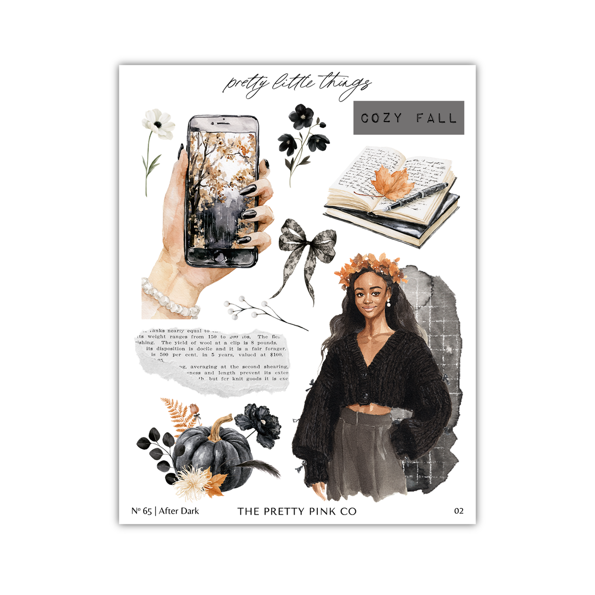 The image is a collage of various elements related to the theme of "cozy fall", including a smartphone, a book, a woman, flowers, leaves, and a pumpkin.