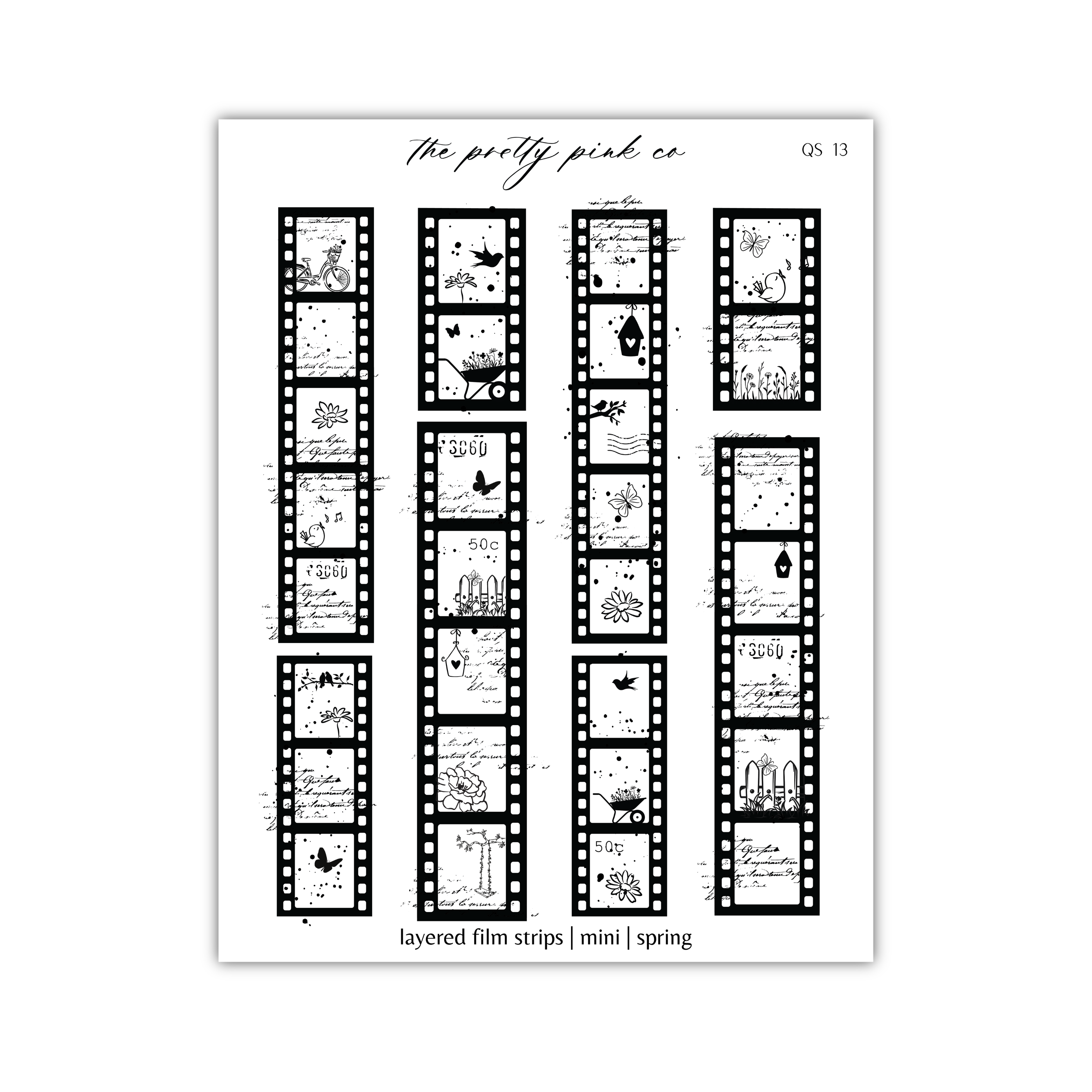 a black and white film strip with words on it