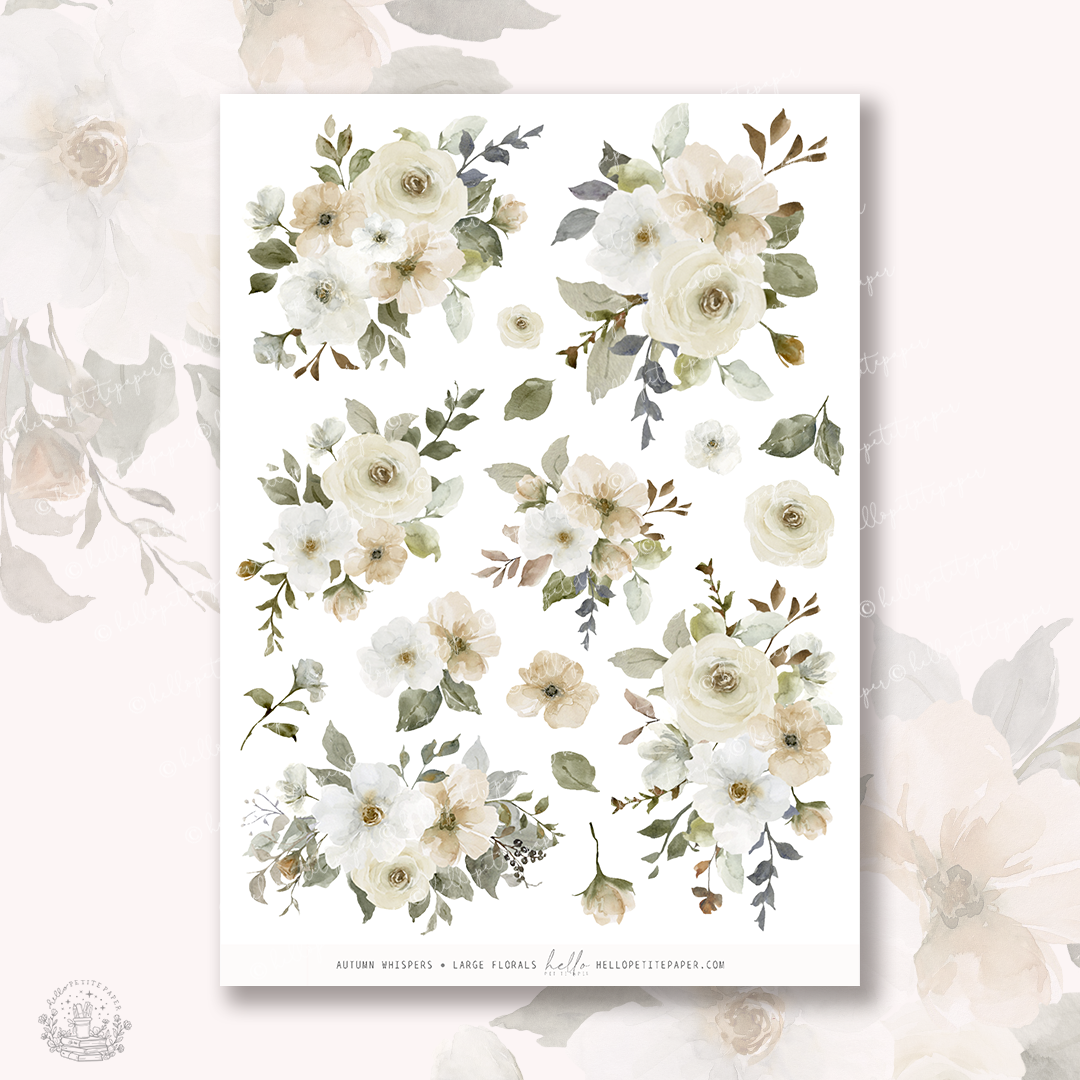 The image is a collection of various floral arrangements, including white and green flowers, leaves, and branches, all set against a light pink background.