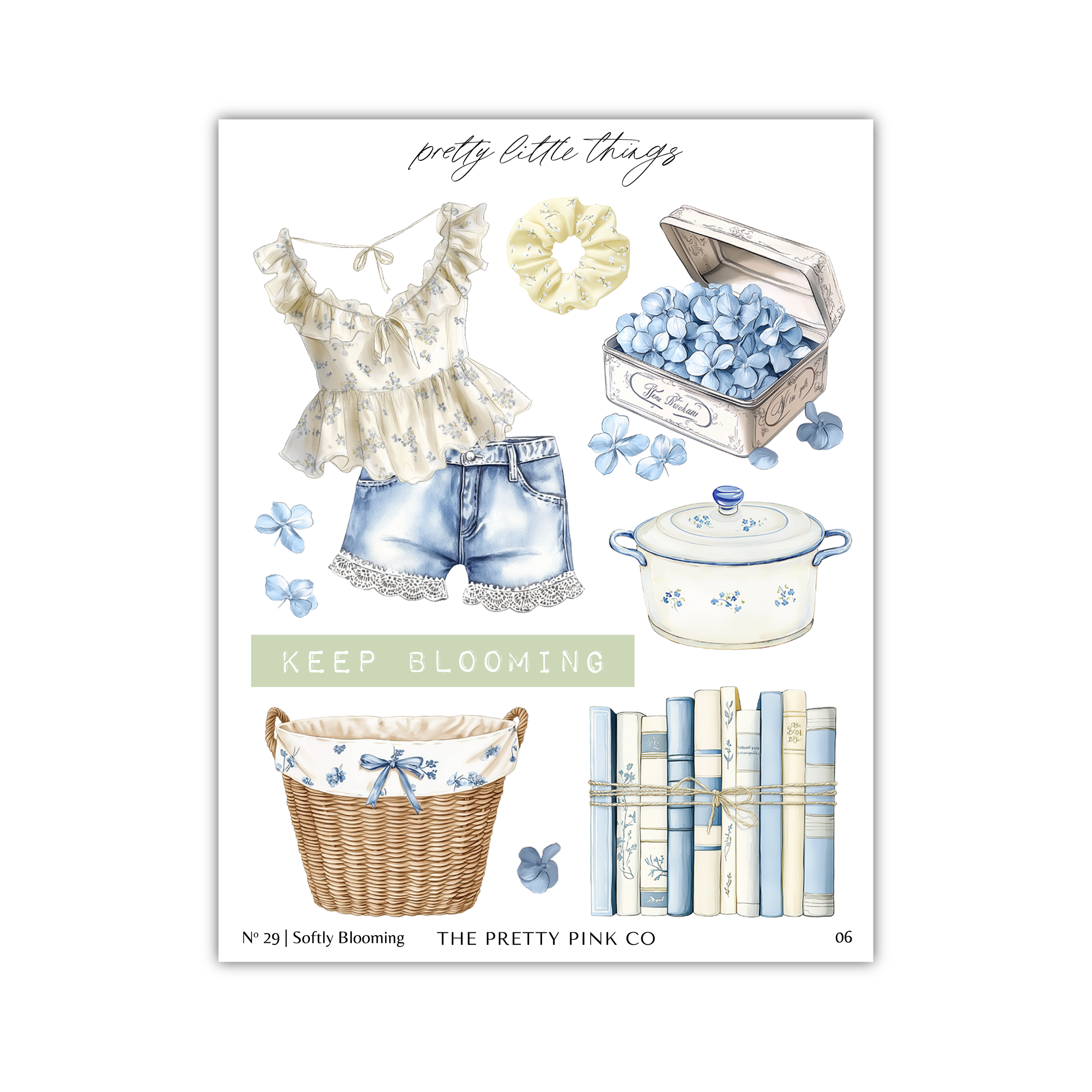 The image is a collage of various fashion and home-related items, including a ruffled blouse, denim shorts, a pot, a basket, books, and flowers.