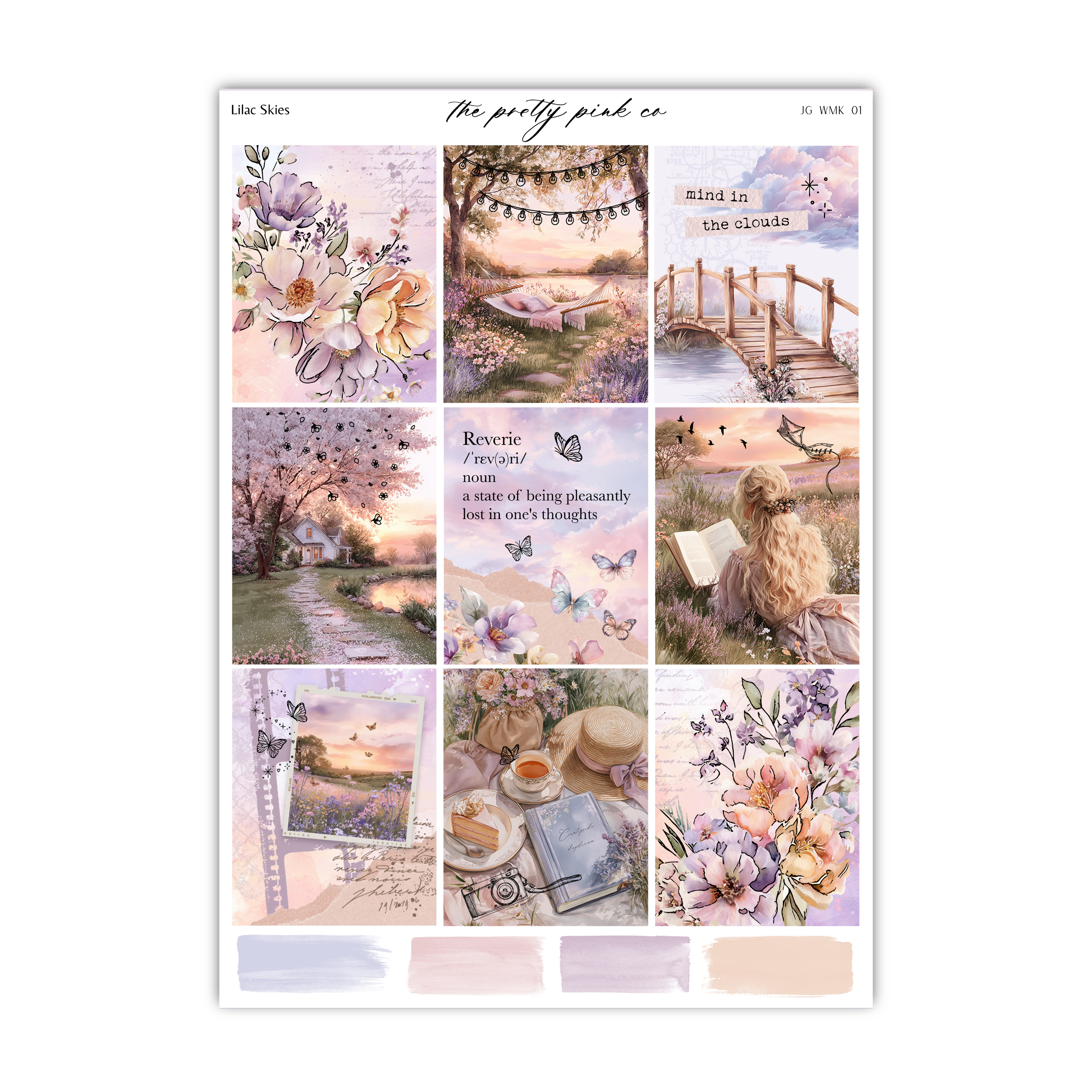 The image is a collage of various pictures, including floral scenes, a bridge, and a person reading a book. The collage is titled "Likes Skies" and includes a quote about being happy.