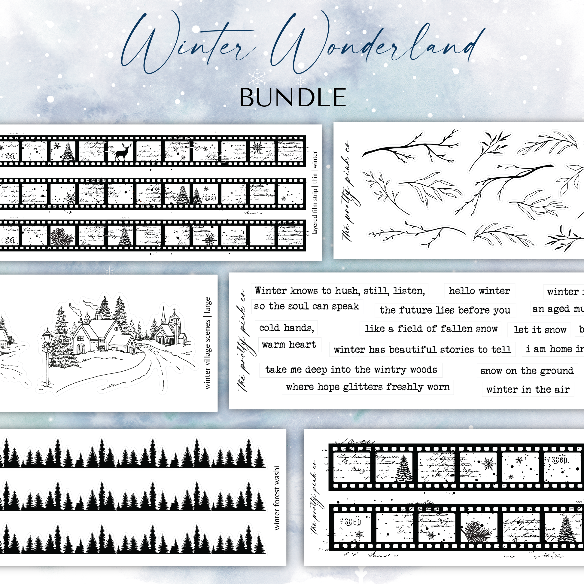 the winter wonderland bundle includes a snow scene, trees, and a film strip