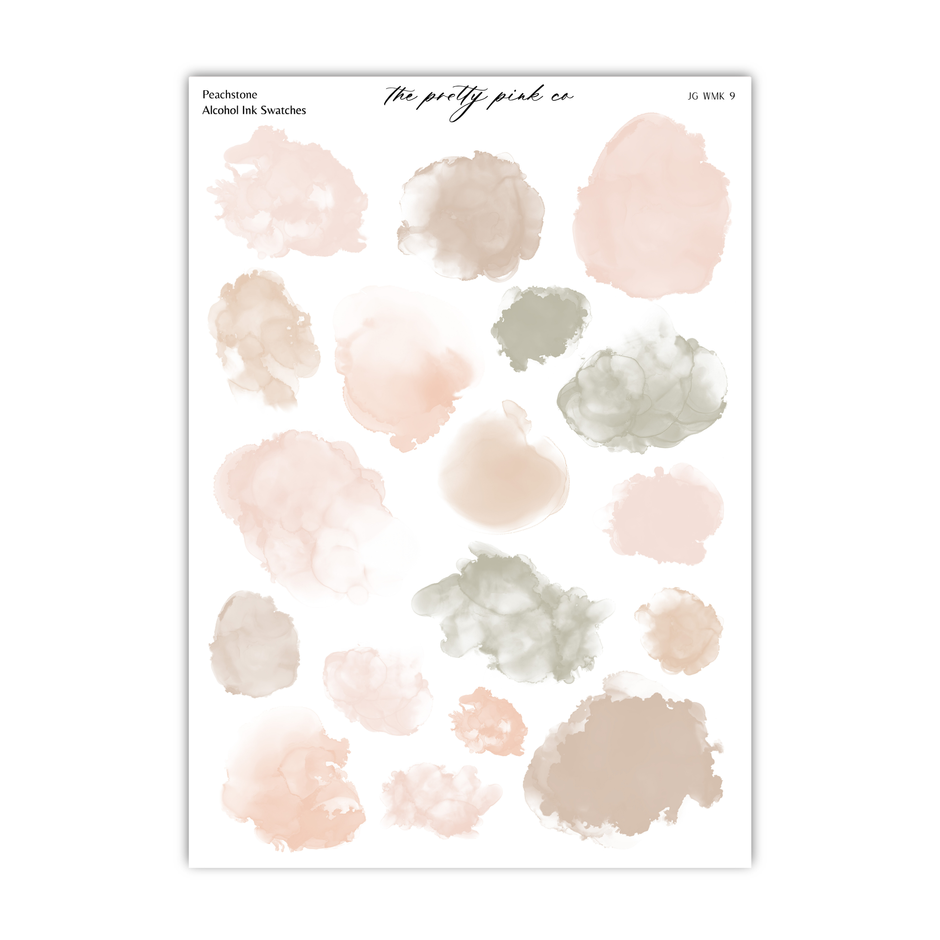 a collection of abstract watercolor brush strokes in various shades of pink, beige, and gray, arranged in a grid-like pattern.