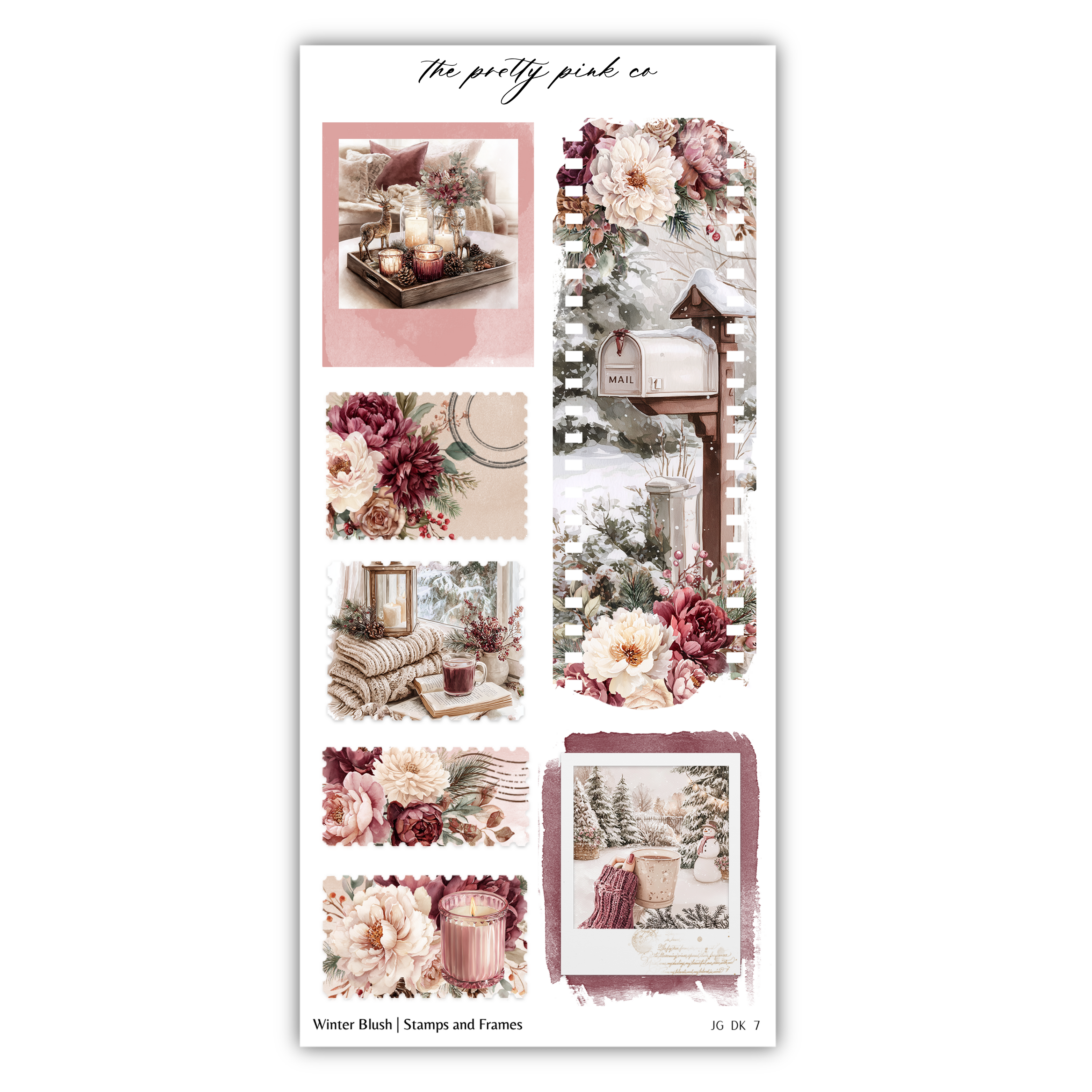 The image is a collage of various floral and winter-themed images, including a vase of flowers, a snowy landscape, and other seasonal elements.
