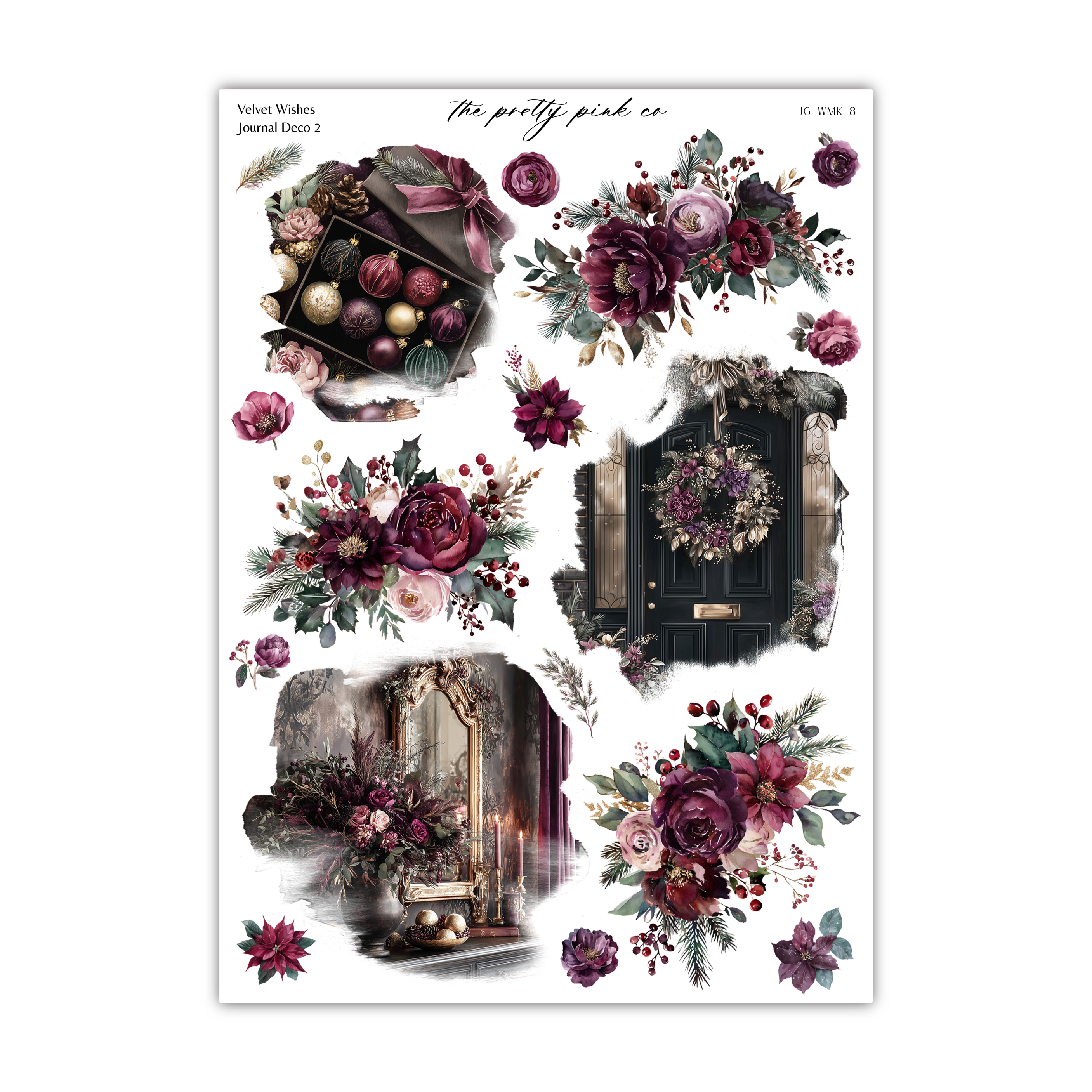 a collage of various floral and decorative elements, including flowers, wreaths, and other ornamental objects. The overall color scheme is predominantly purple and burgundy, creating a warm and elegant atmosphere. The collage appears to be a collection of images that together convey a sense of beauty and sophistication, possibly related to interior design or holiday decor.