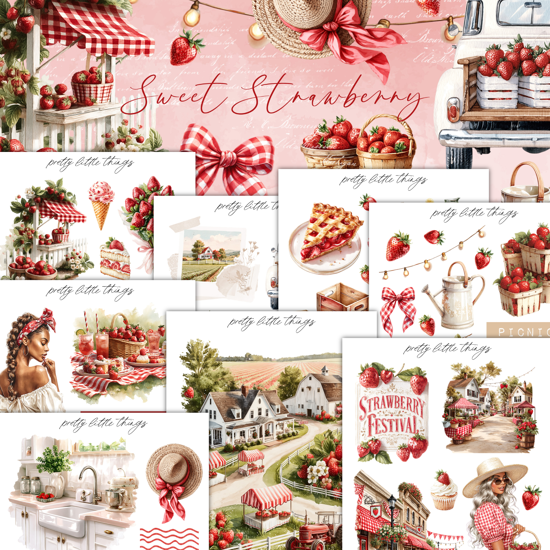 The image is a collage of various images related to the theme of "Sweet Strawberry", including images of strawberries, baskets, a farm, a village, and a woman in a straw hat.