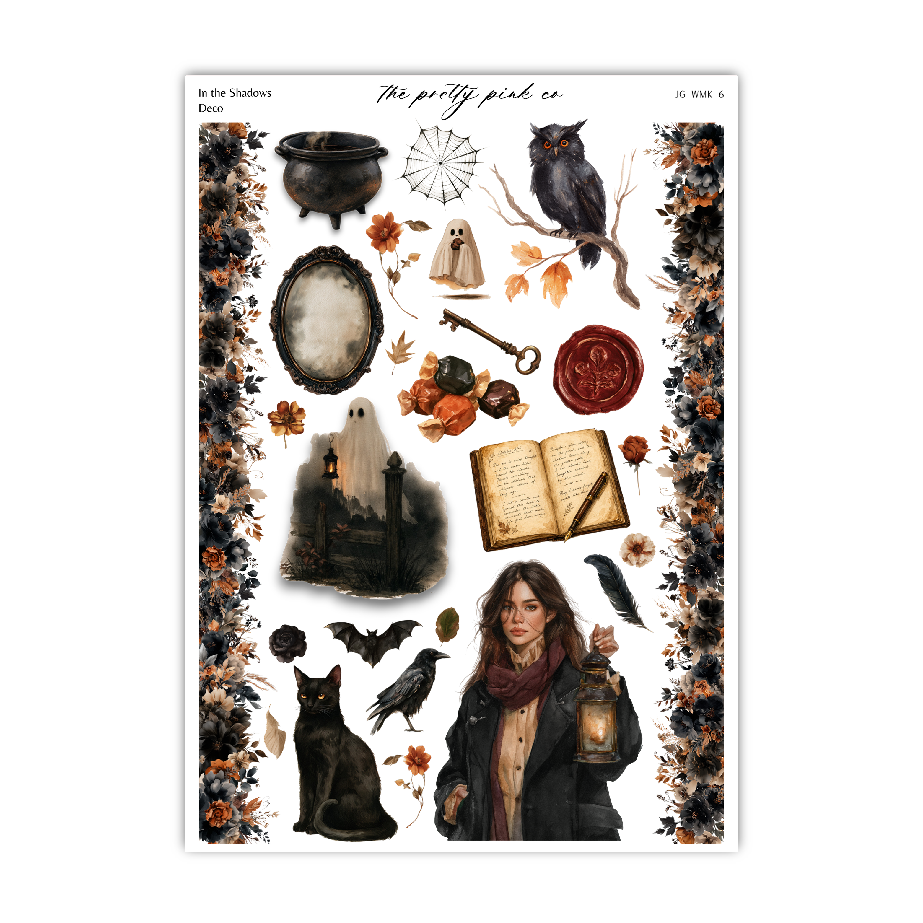 The image is a collage of Halloween-themed items, including a black owl, a key, a lantern, a book, a cat, a ghost, and a woman.
