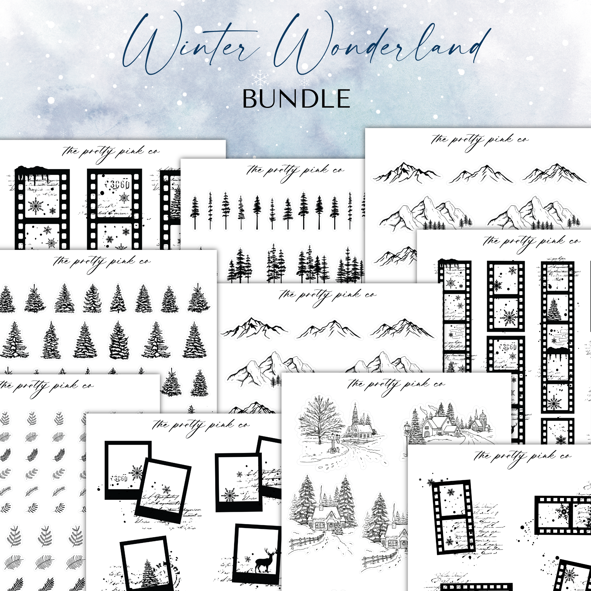 the winter wonderland bundle is shown in black and white