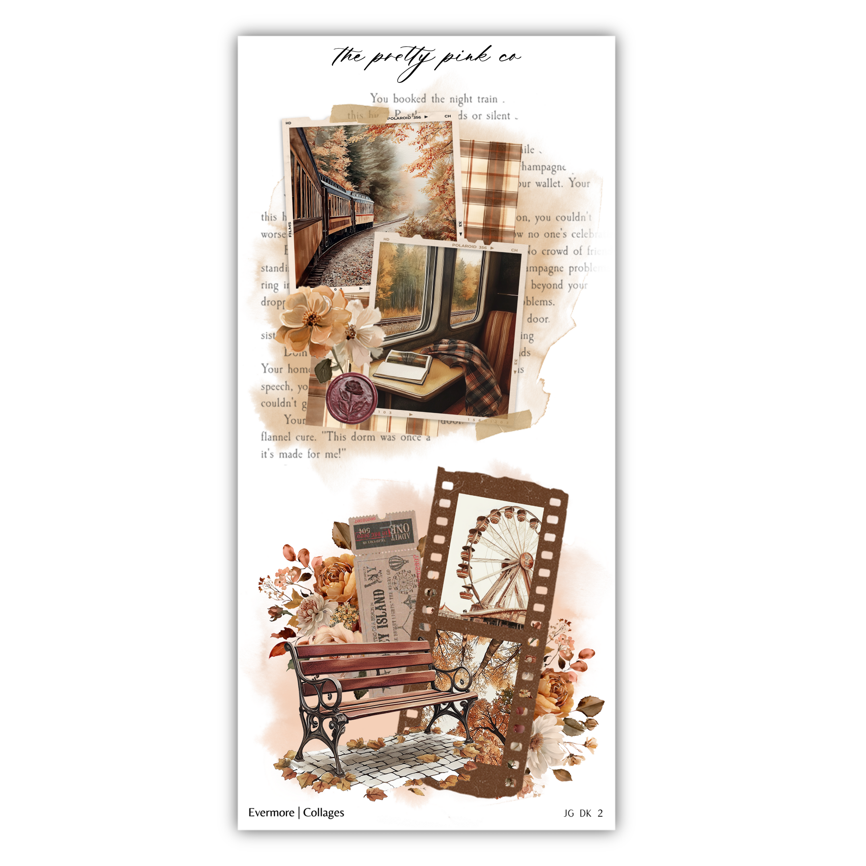 The image is a collage of various elements, including a train, a bench, a ferris wheel, and autumn foliage. The collage is titled "The pretty pink co" and includes text that describes the collage as a "collage of various elements" and "a collage of pictures".