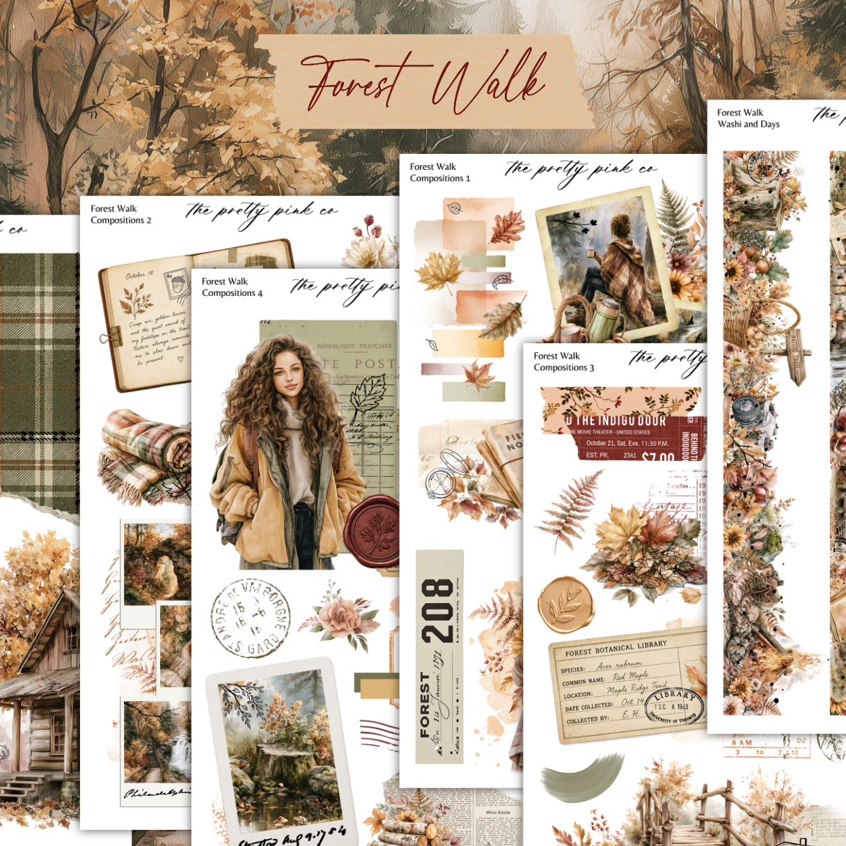 The image is a collage of various autumn-themed elements, including a woman in a coat, a book, a stamp, and a postcard, all set against a forest backdrop.
