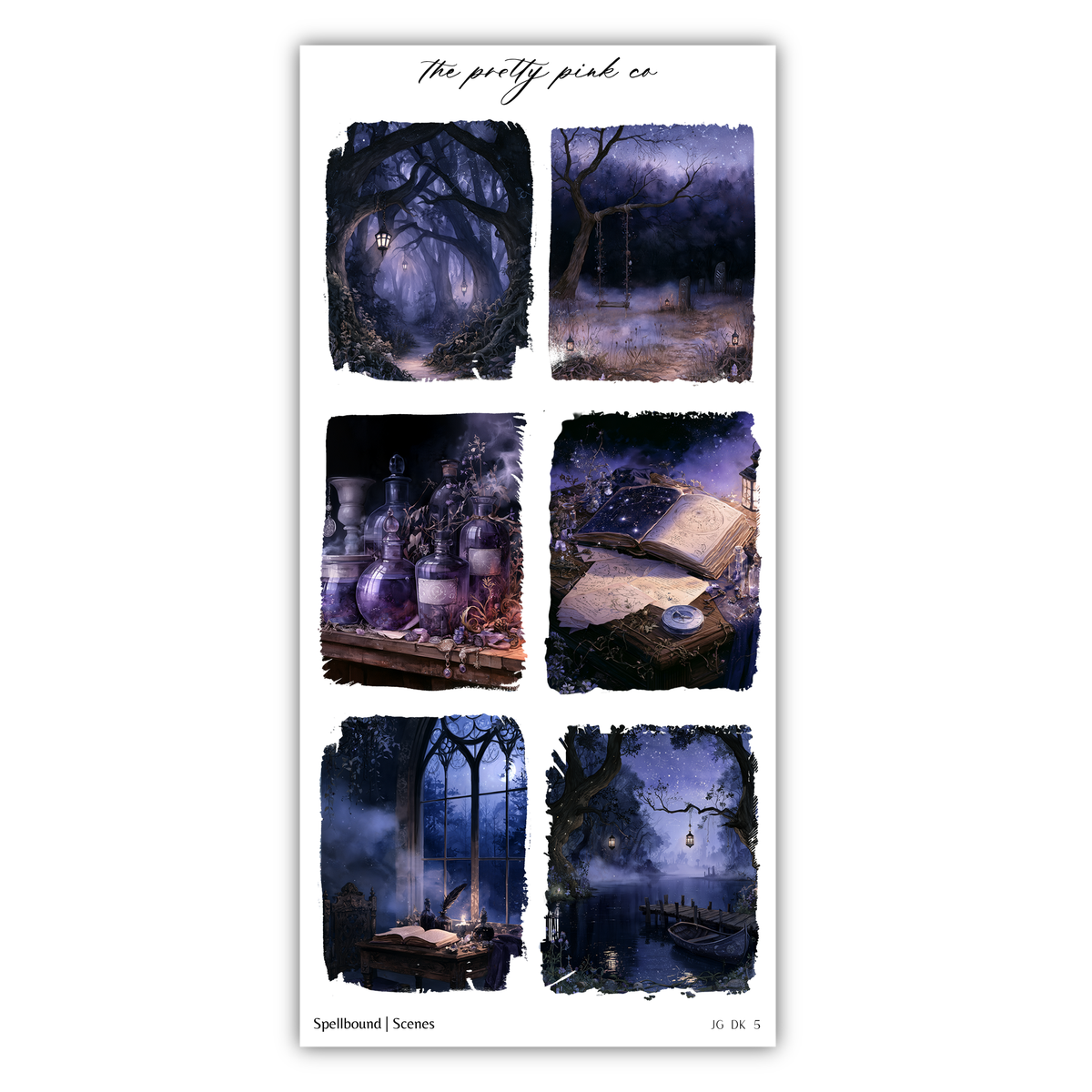 The image is a collage of six different scenes, each depicting a unique and captivating scene. The scenes include a dark forest, a mysterious castle, a mystical crystal ball, a bubbling cauldron, a serene pond, and a mystical doorway. The collage is titled "The pretty pink co" and is part of the "Spillbound // Scenes" series.