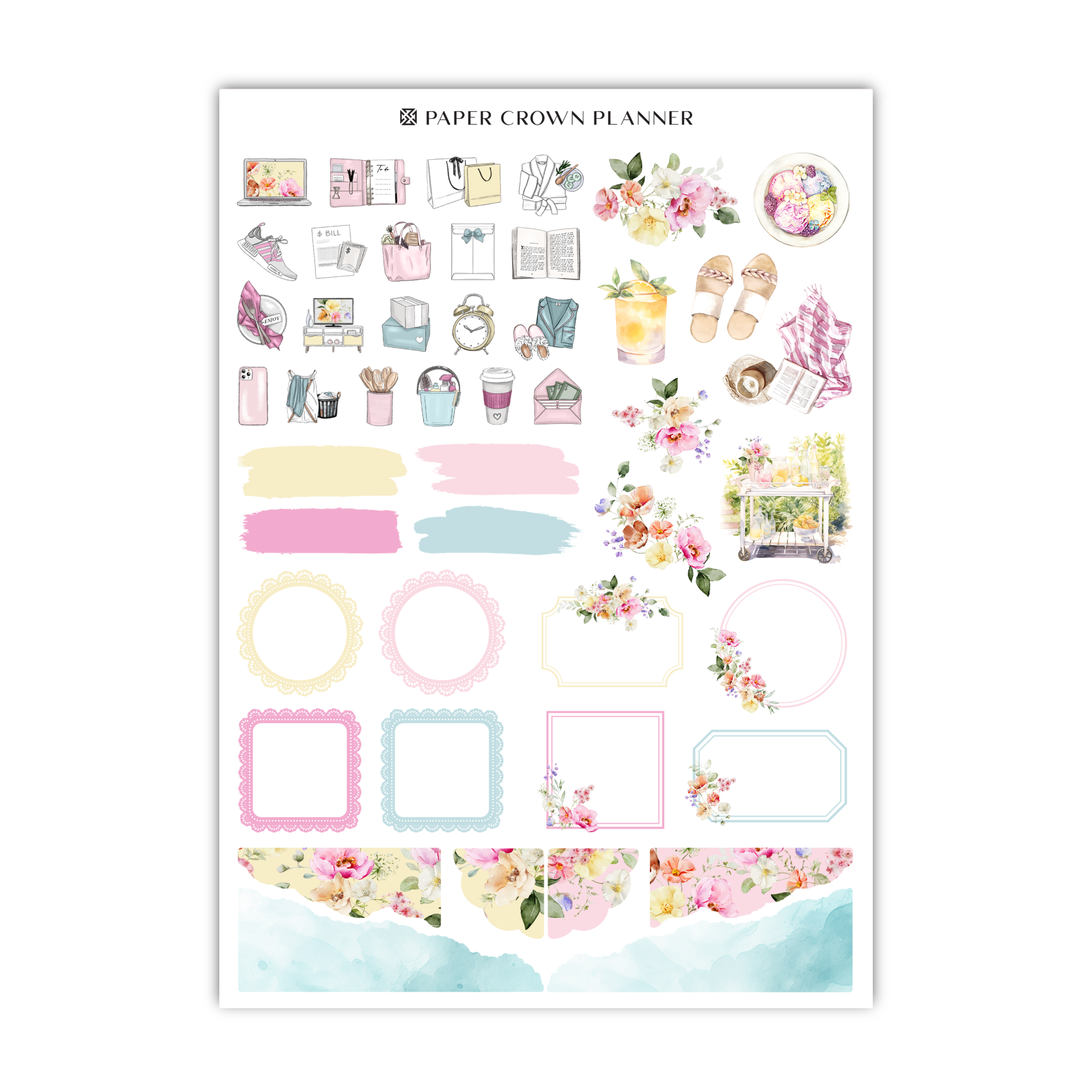 a sheet of paper with flowers and pictures on it