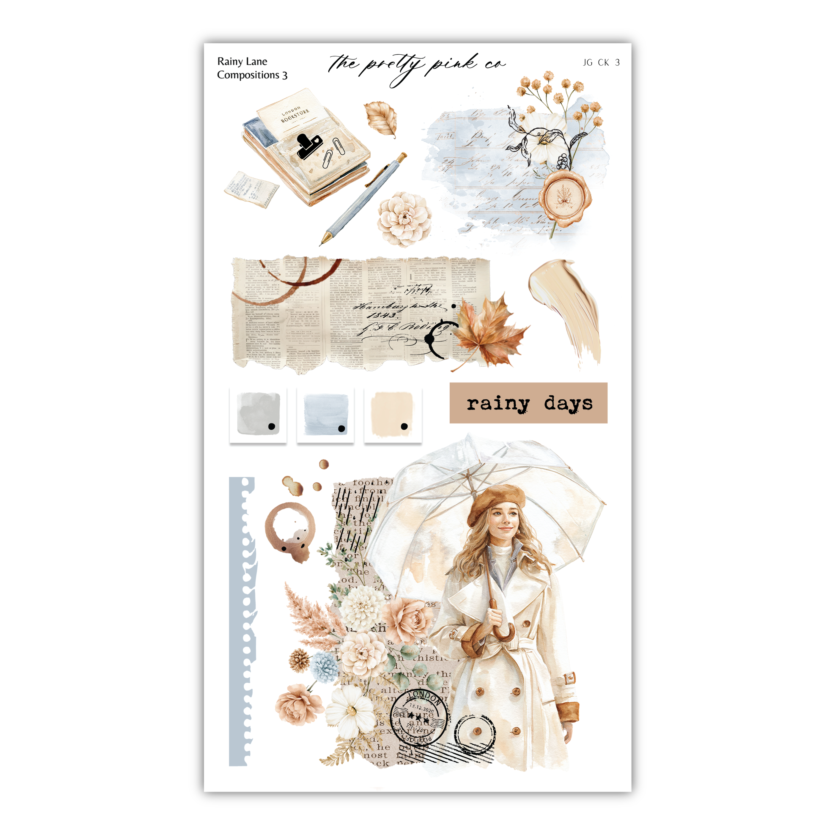 The image is a collage of various elements, including a woman holding an umbrella, flowers, leaves, and other natural elements, all set against a white background.