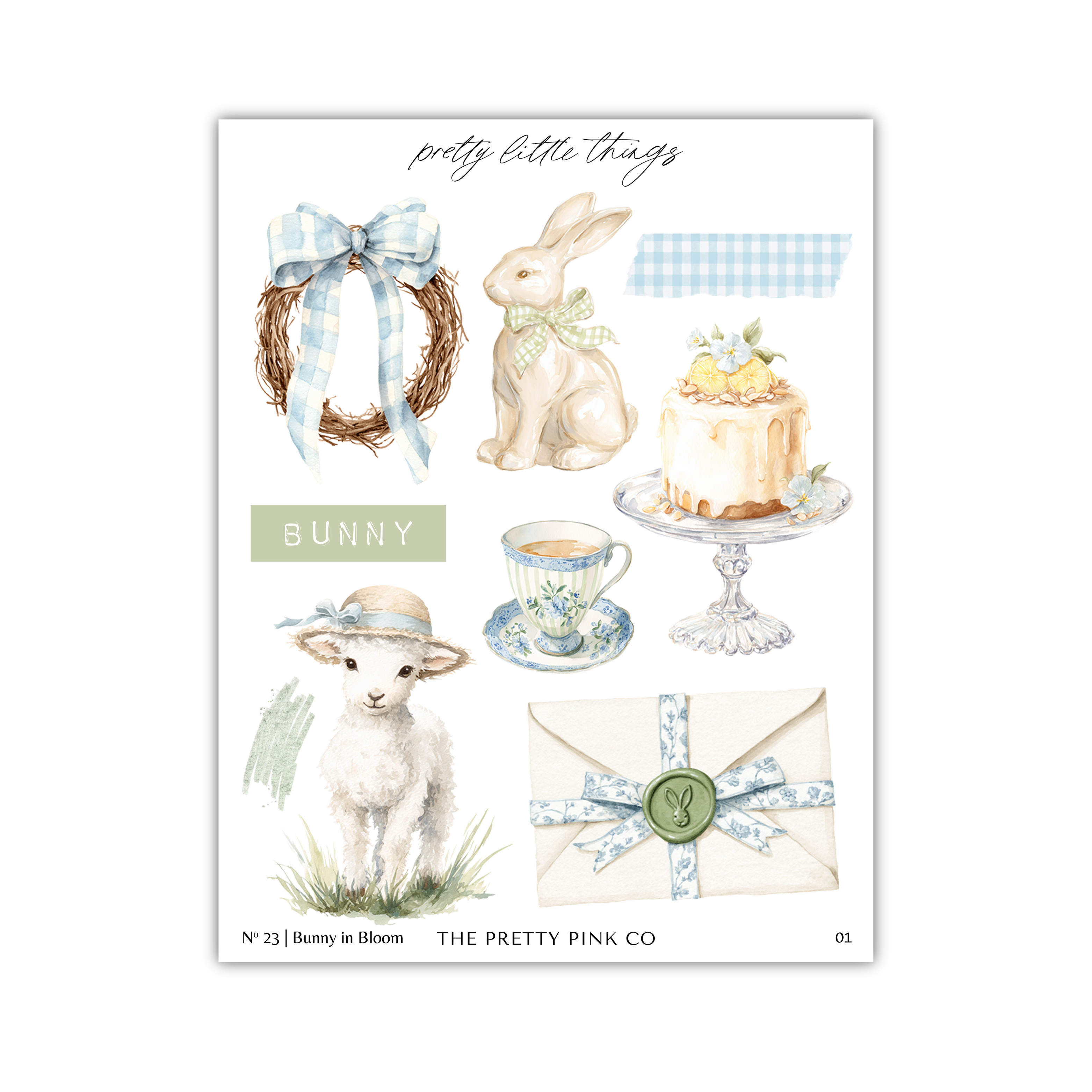 The image is a collection of various Easter-themed items, including a bunny, a cake, a cup, a letter, and a wreath.