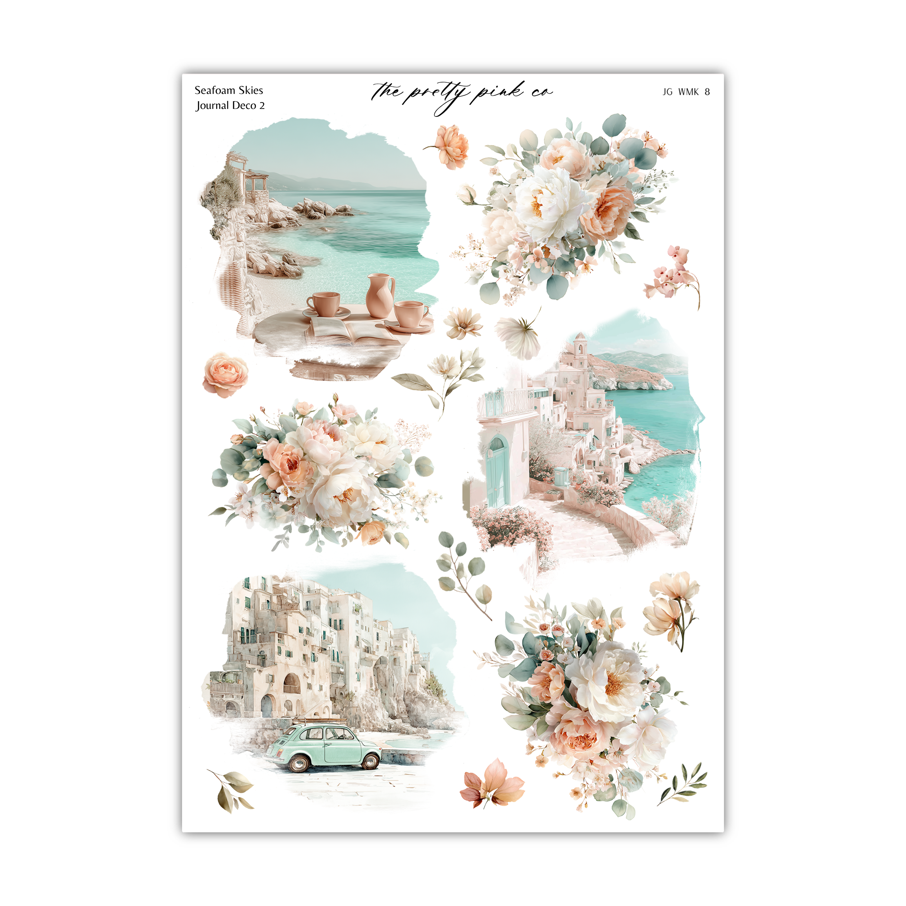 The image is a collage of various pictures, including a coastal scene, a vintage car, and a building, all featuring floral and natural elements.